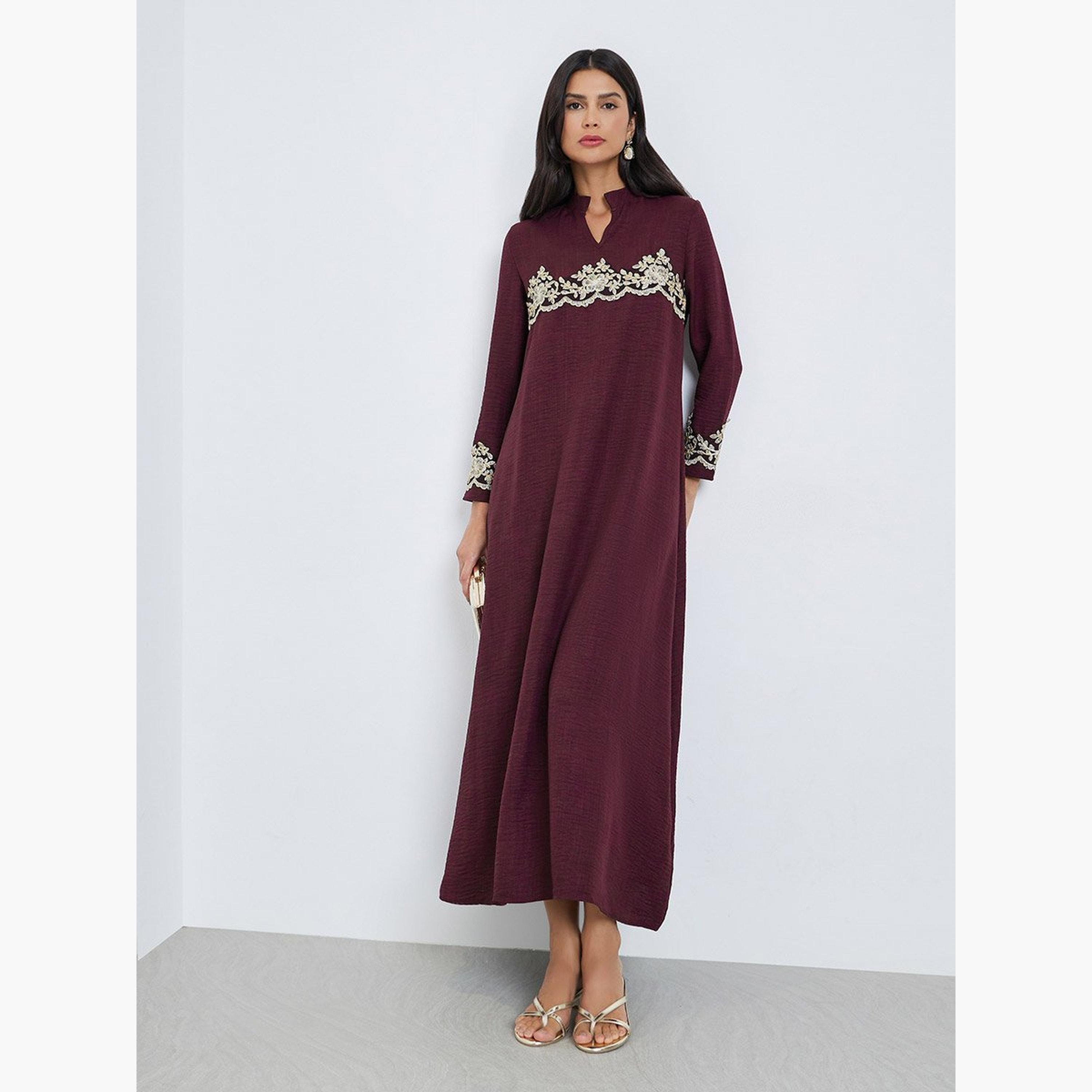 Amirah X Styli Burgundy Textured Lace Insert Jalabiya-women-arabicclothing-jalabiyas-image-1