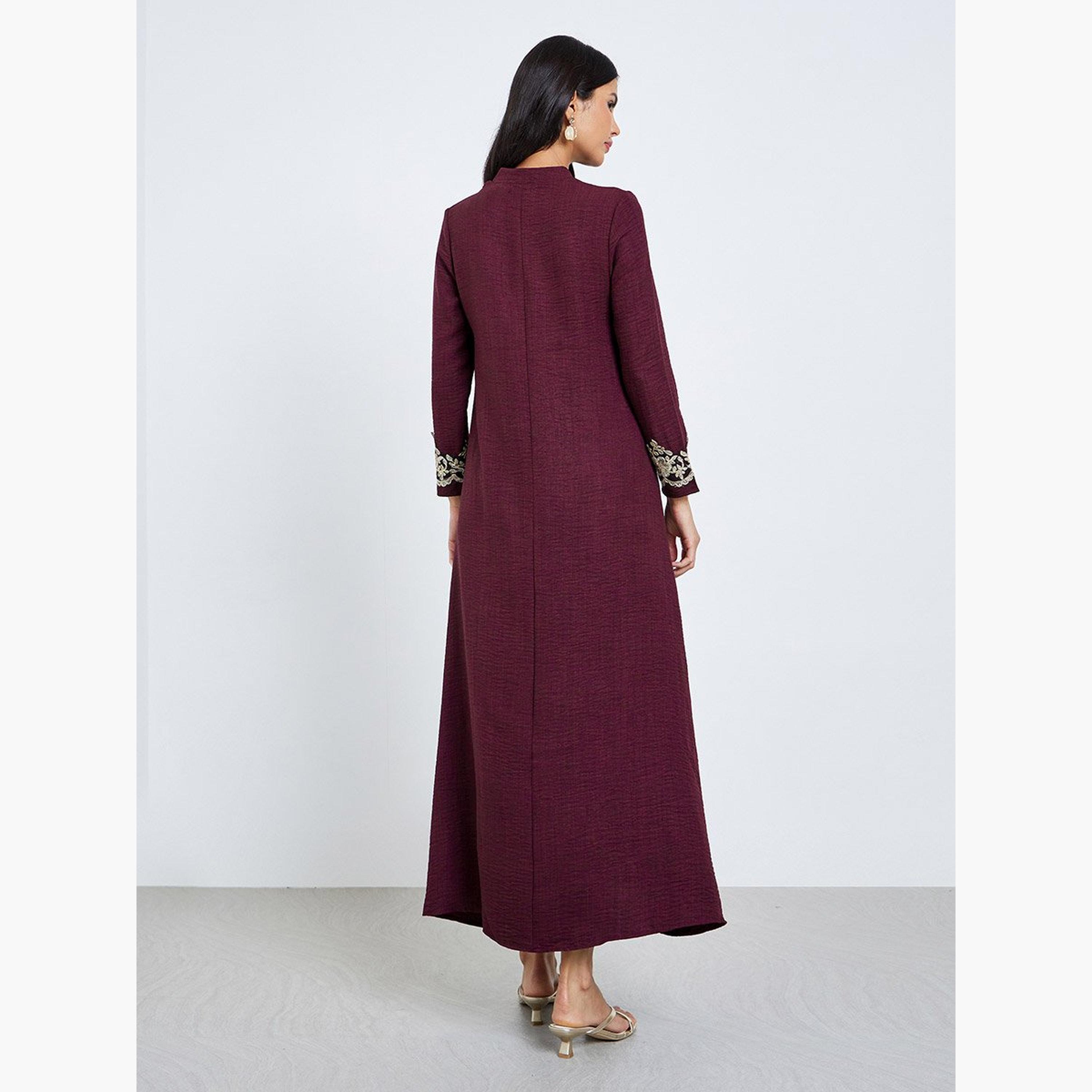 Amirah X Styli Burgundy Textured Lace Insert Jalabiya-women-arabicclothing-jalabiyas-image-4