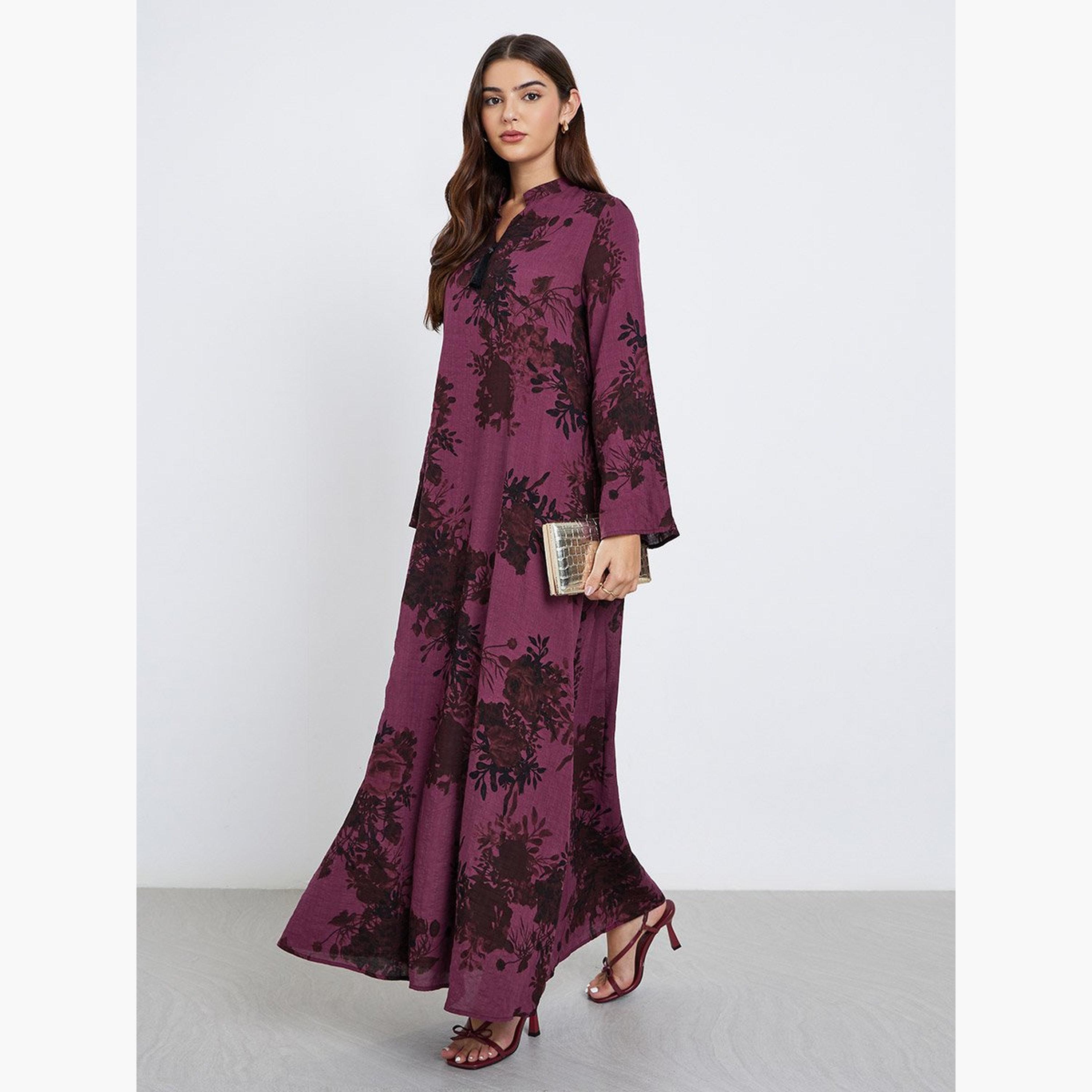 Styli Floral Print Tassel Detail Jalabiya-women-arabicclothing-jalabiyas-image-1