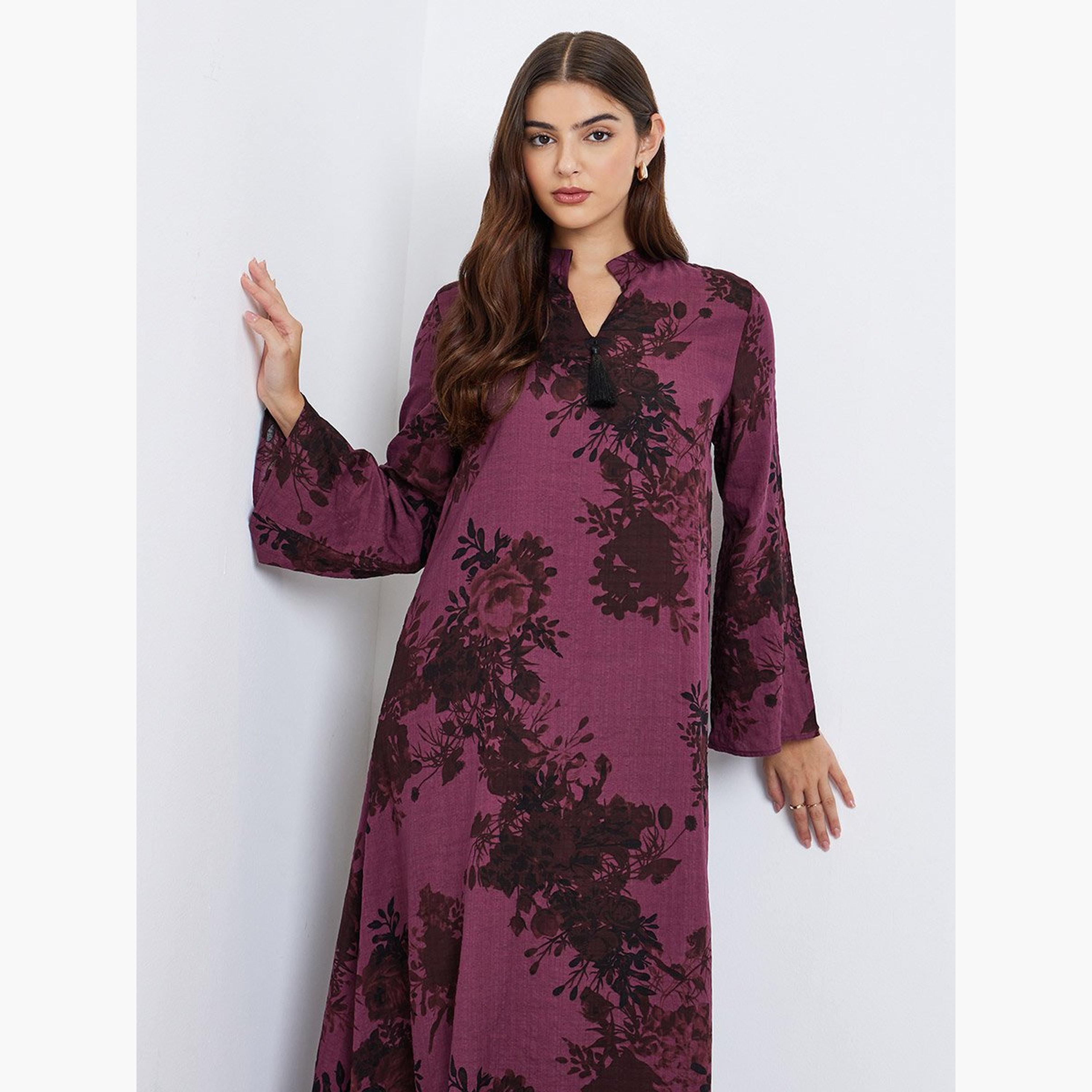 Styli Floral Print Tassel Detail Jalabiya-women-arabicclothing-jalabiyas-image-2