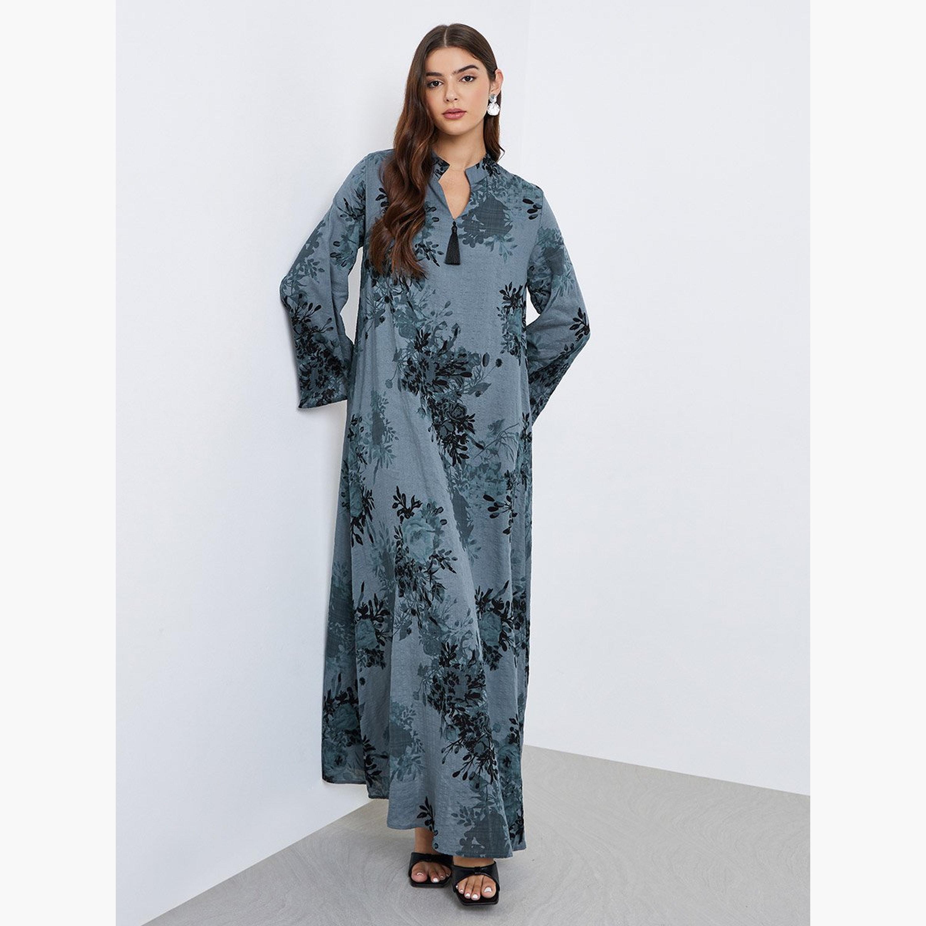 Amirah X Styli Floral Print Tassel Detail Jalabiya-women-arabicclothing-jalabiyas-image-1