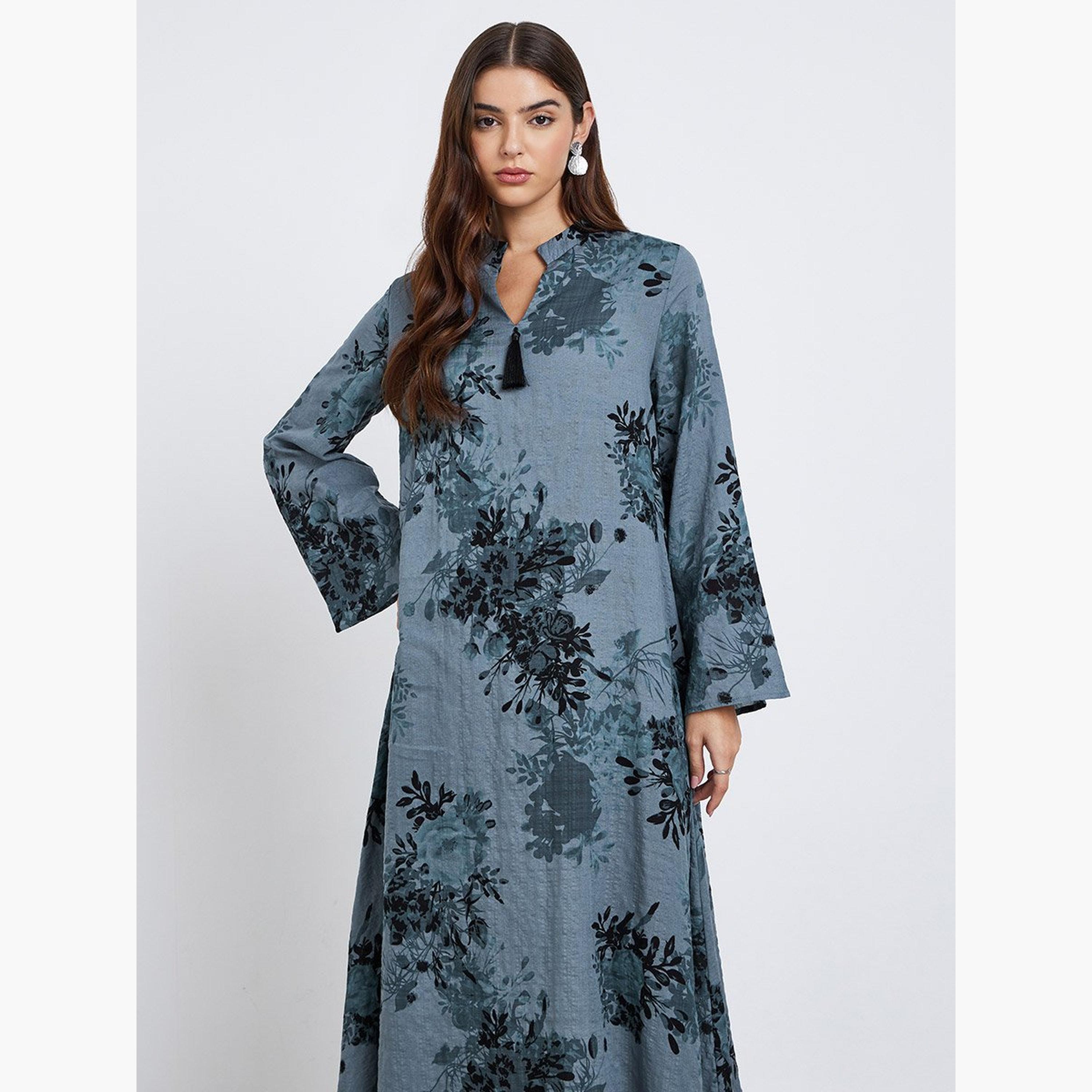 Amirah X Styli Floral Print Tassel Detail Jalabiya-women-arabicclothing-jalabiyas-image-2