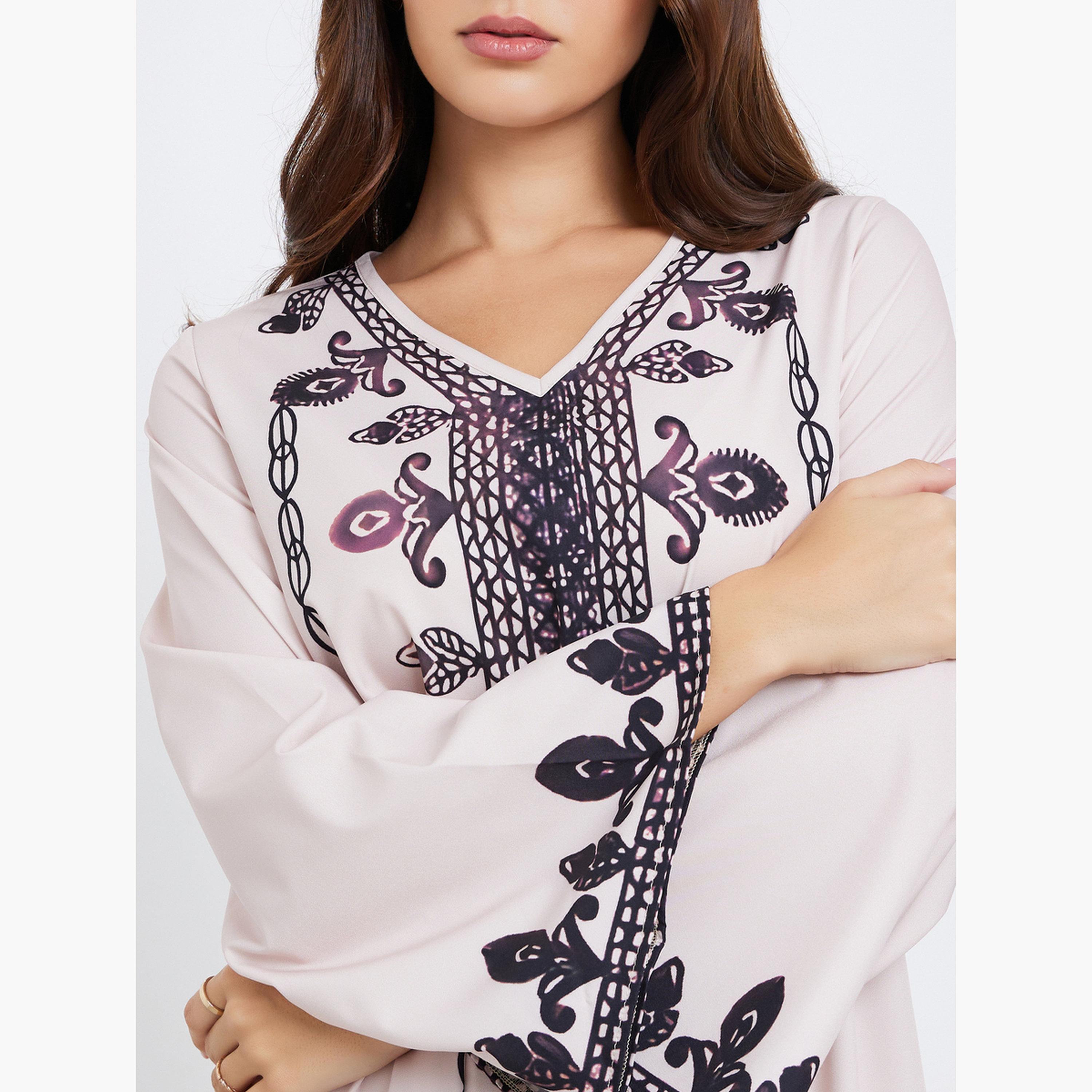 Amirah X Styli Cream V Neck Printed Jalabiya-women-arabicclothing-jalabiyas-image-4