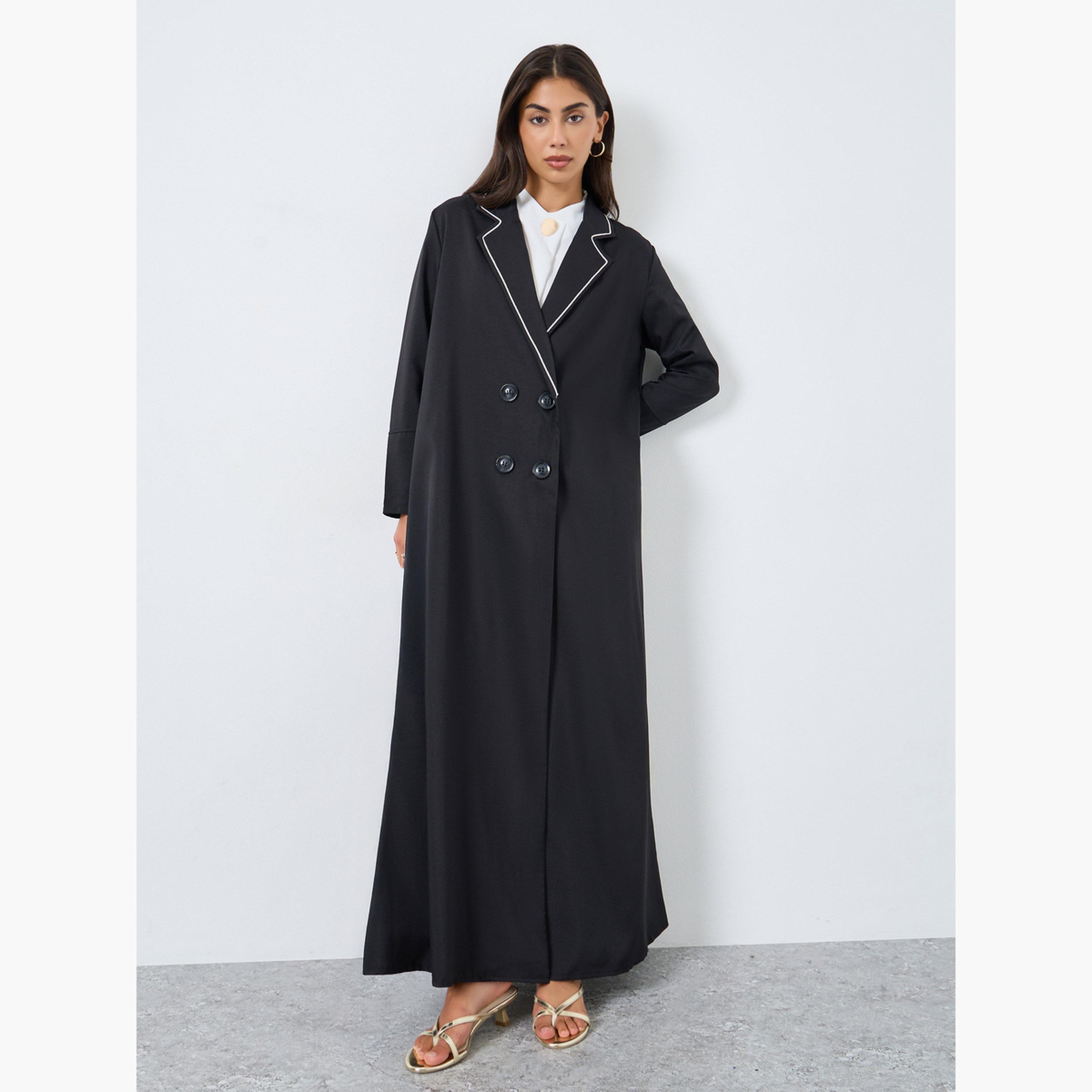 Styli Black Notch Lapel Double Breasted Abaya-women-arabicclothing-abayas-image-1