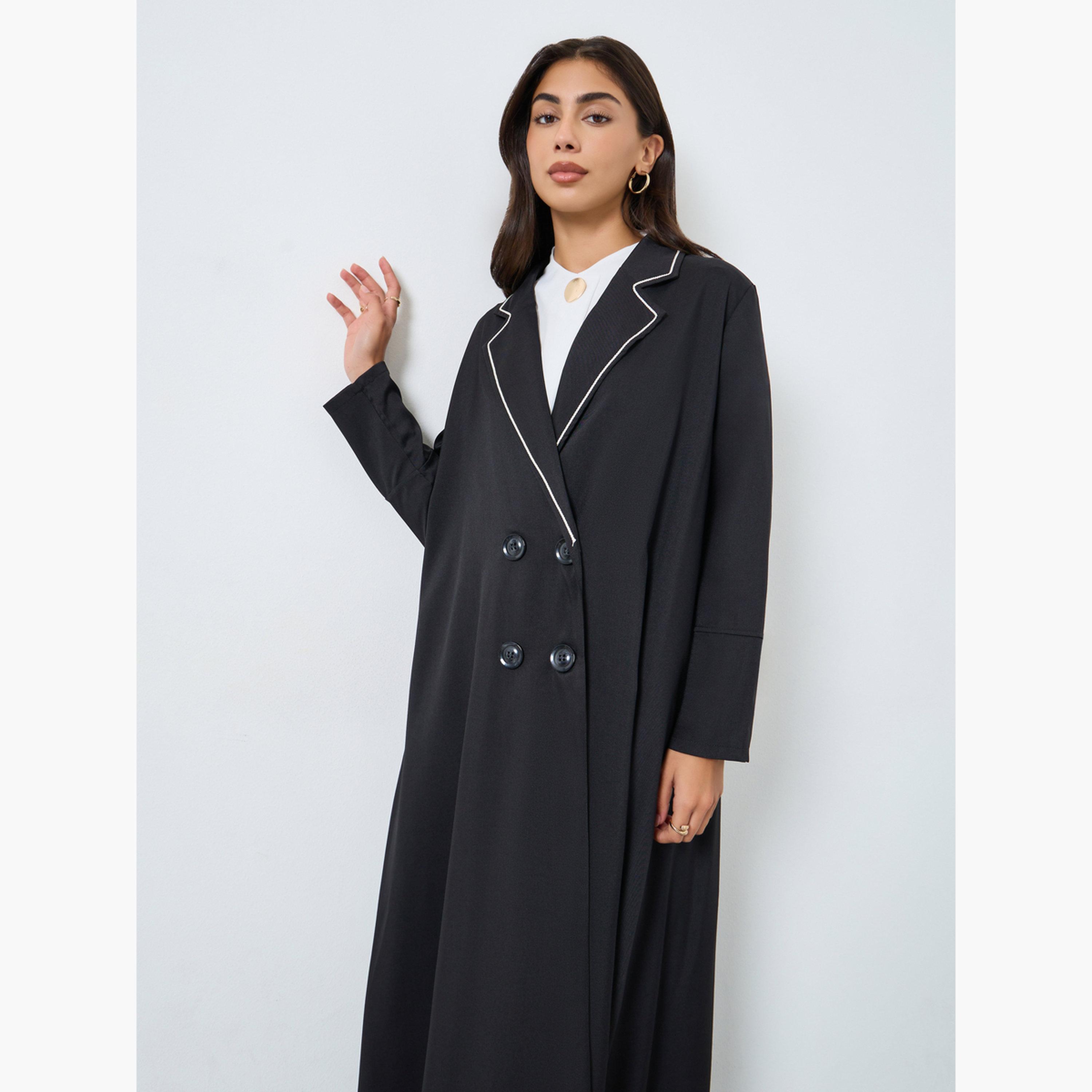 Styli Black Notch Lapel Double Breasted Abaya-women-arabicclothing-abayas-image-3