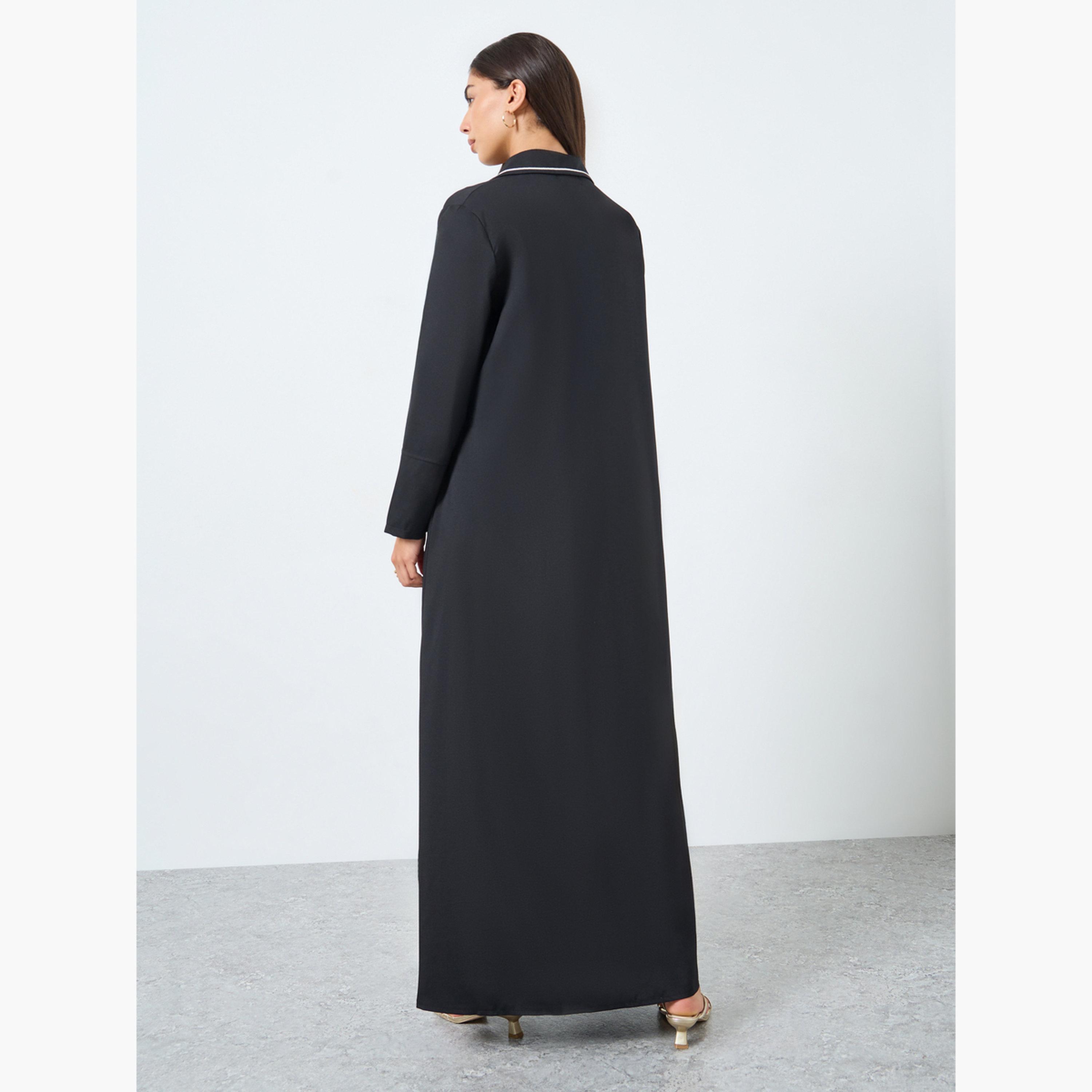 Styli Black Notch Lapel Double Breasted Abaya-women-arabicclothing-abayas-image-4