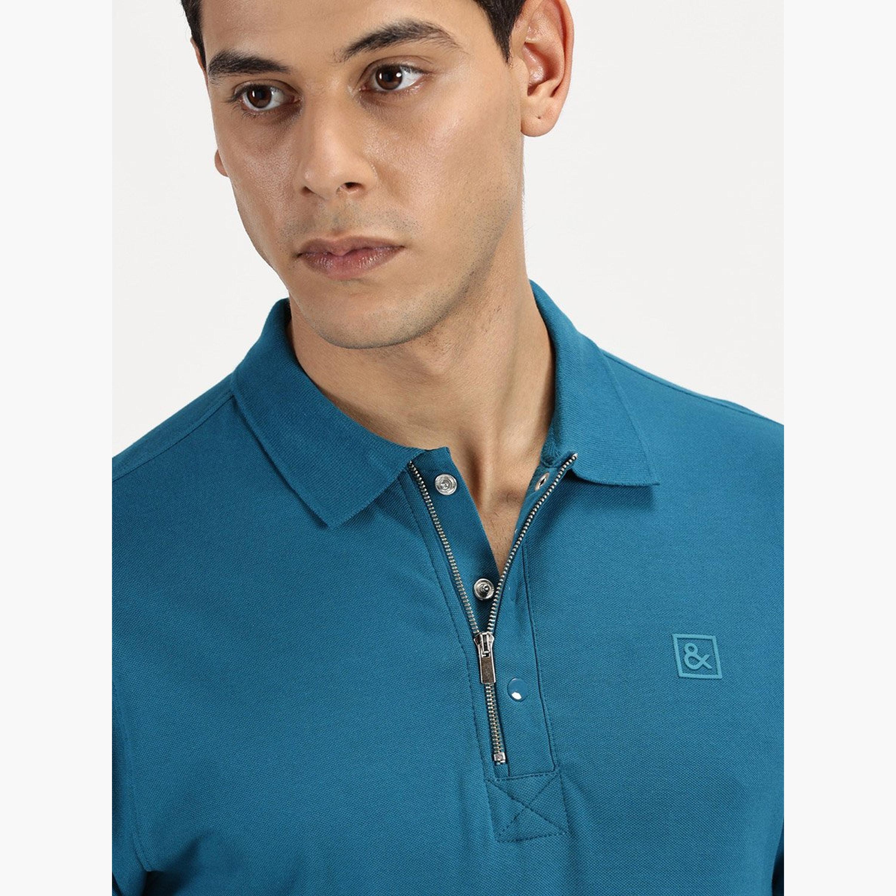 Simple And Rare X Styli Men Teal Quarter Zip Polo with Press Button-men-clothing-tshirtsandpolos-tshirts-image-2