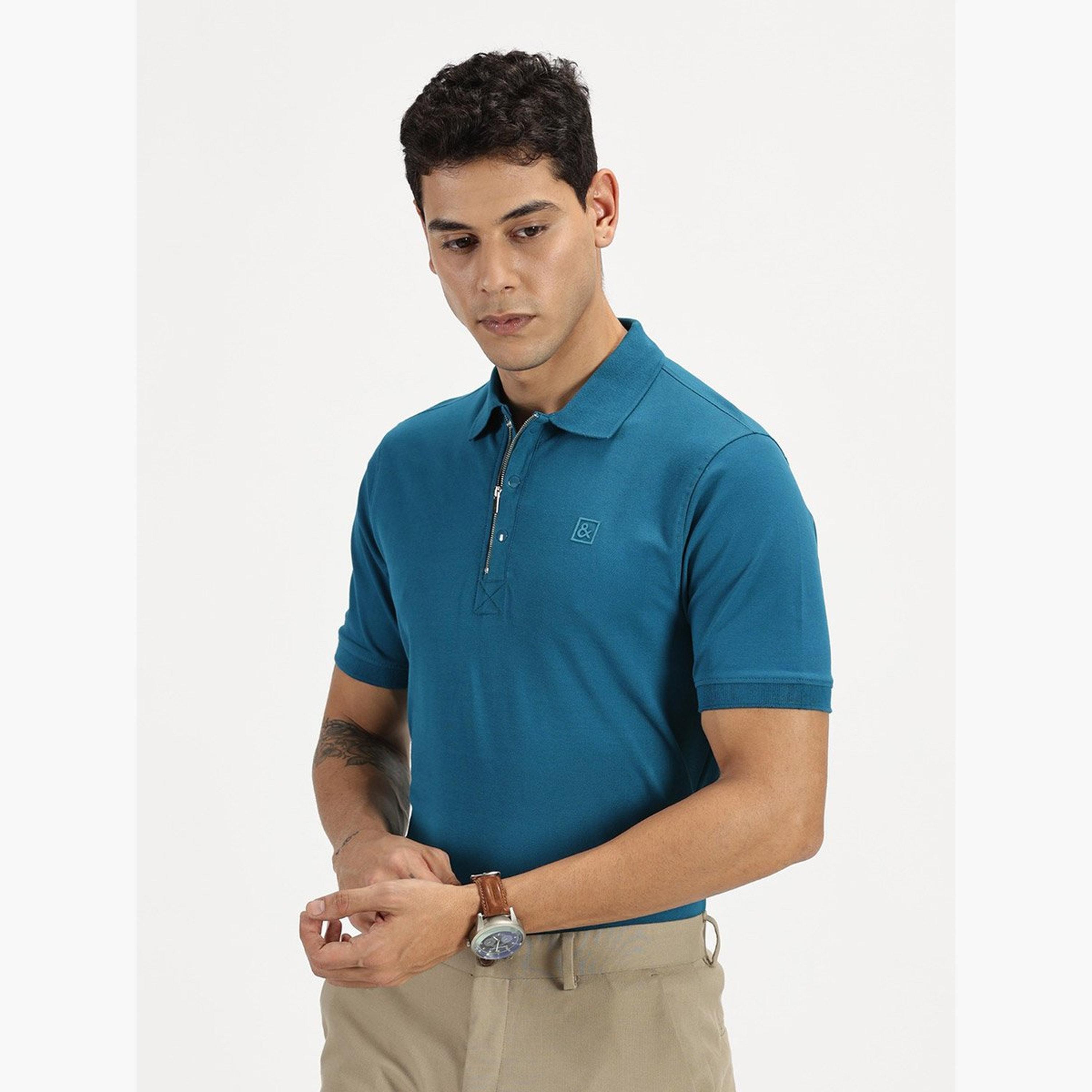 Simple And Rare X Styli Men Teal Quarter Zip Polo with Press Button-men-clothing-tshirtsandpolos-tshirts-image-3