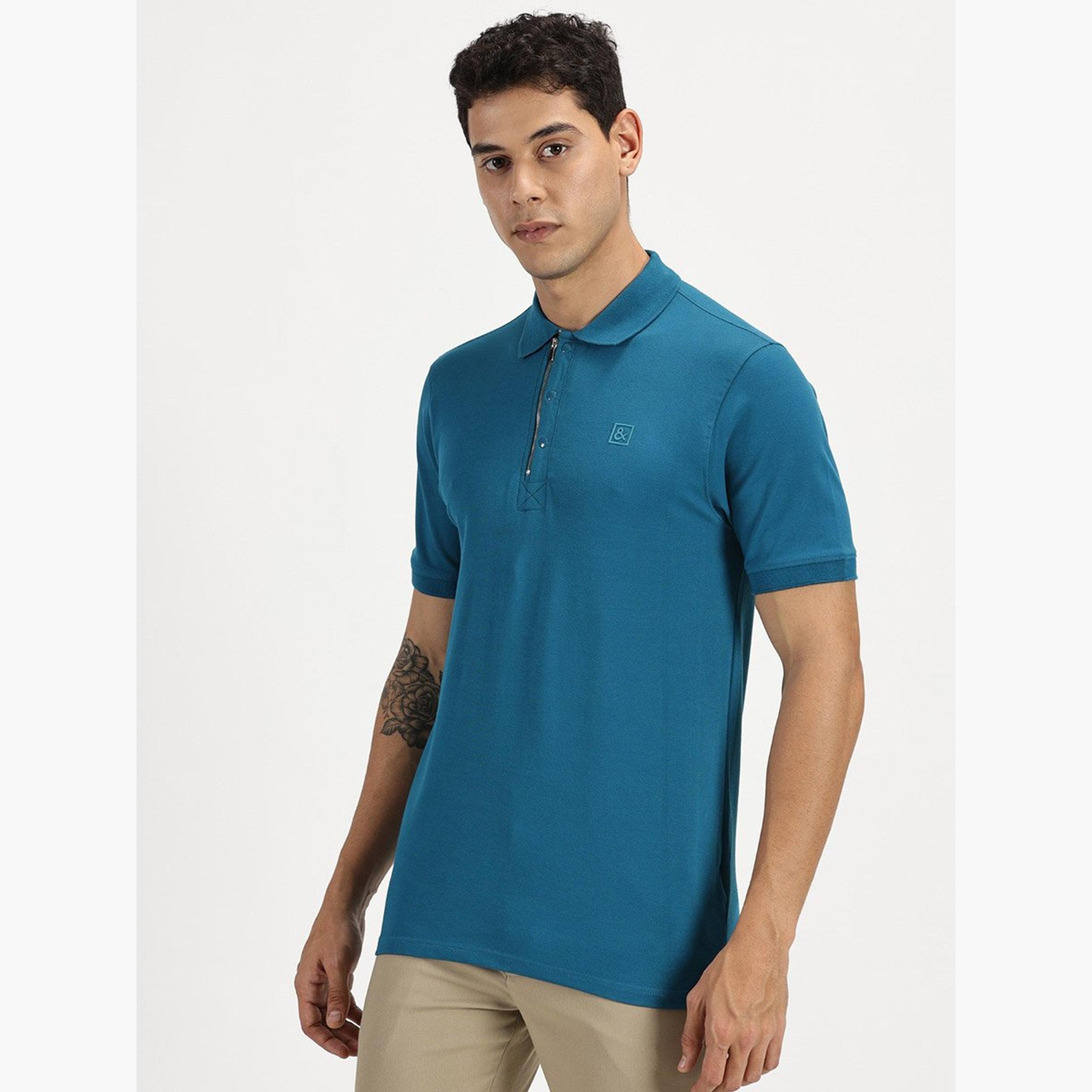 Simple And Rare X Styli Men Teal Quarter Zip Polo with Press Button-men-clothing-tshirtsandpolos-tshirts-image-6