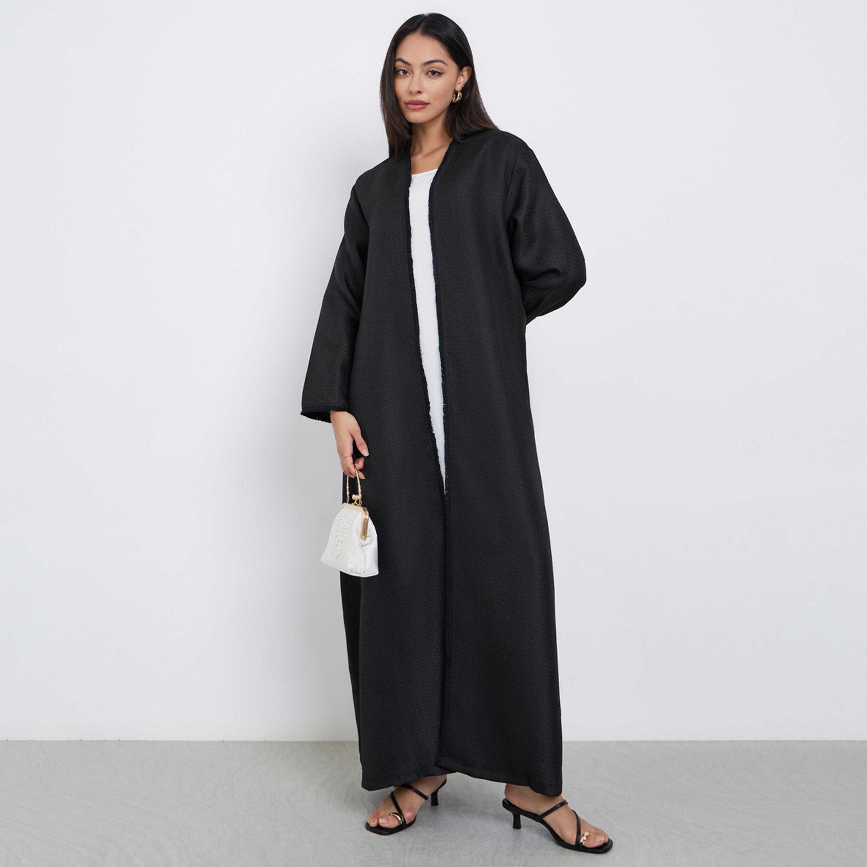 Styli Black Tweed Look Abaya with Frayed Edge-women-arabicclothing-abayas-image-1