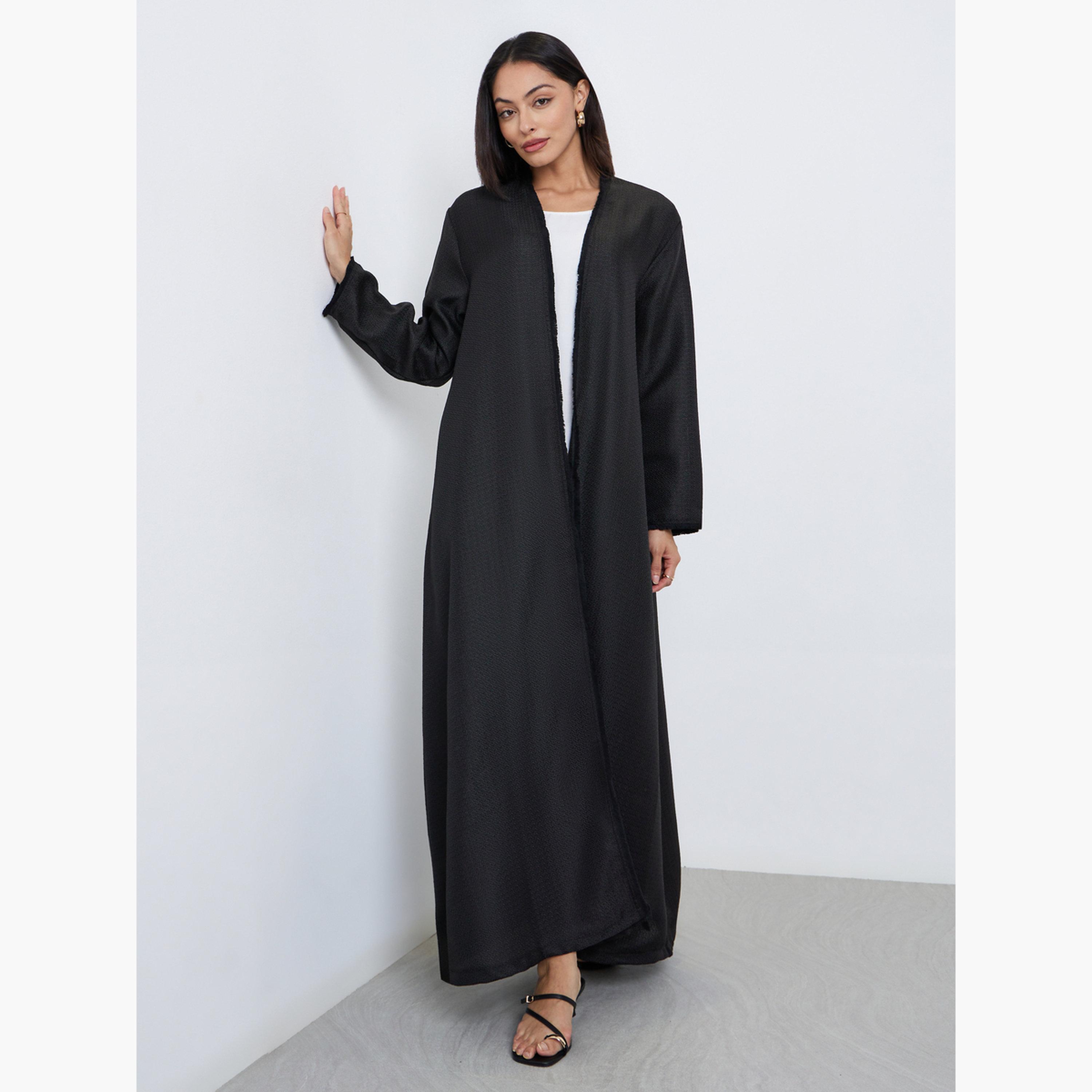 Styli Black Tweed Look Abaya with Frayed Edge-women-arabicclothing-abayas-image-2