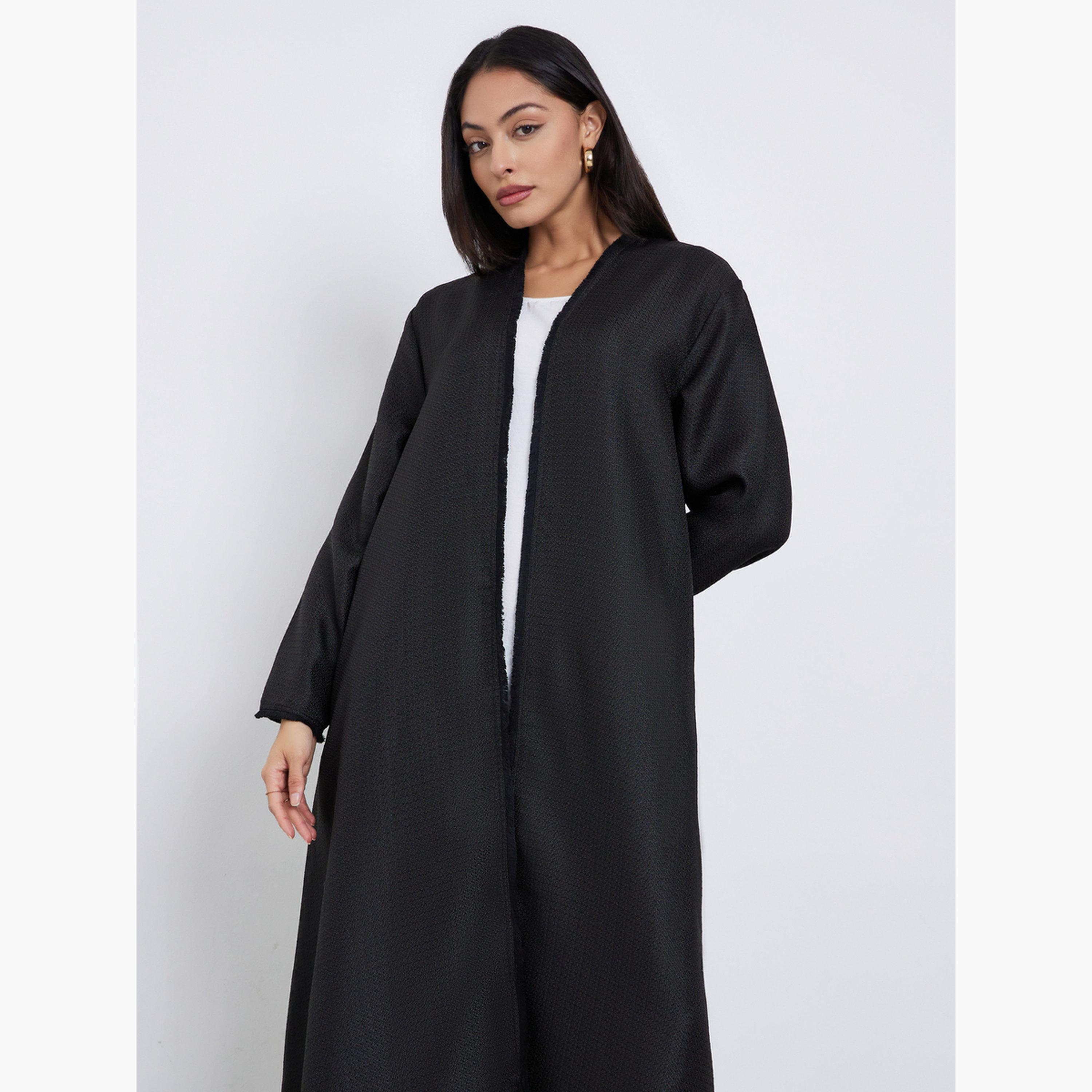 ستايلي - عباية سوداء من التويد مع حافة متهالكة-women-arabicclothing-abayas-image-3