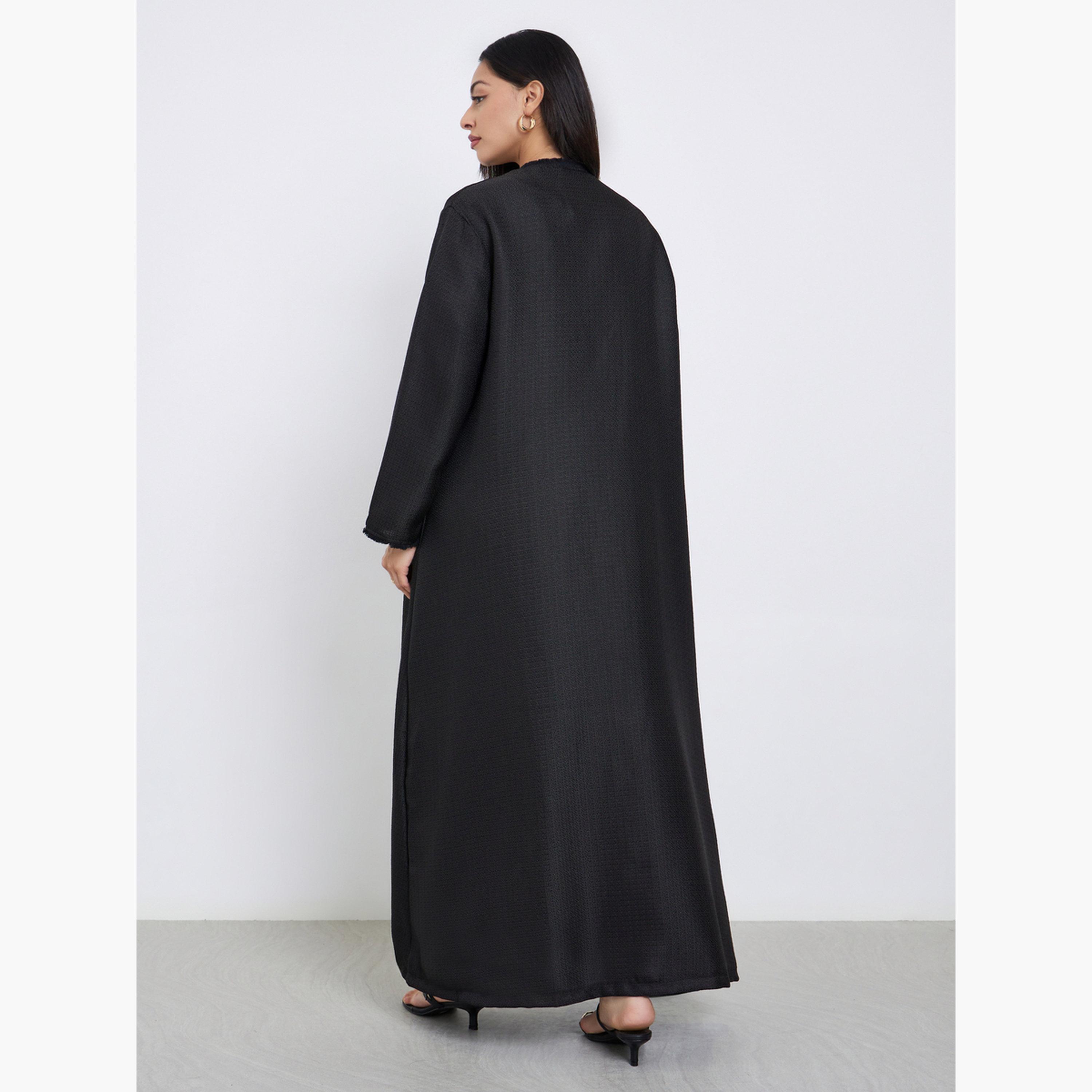 ستايلي - عباية سوداء من التويد مع حافة متهالكة-women-arabicclothing-abayas-image-4