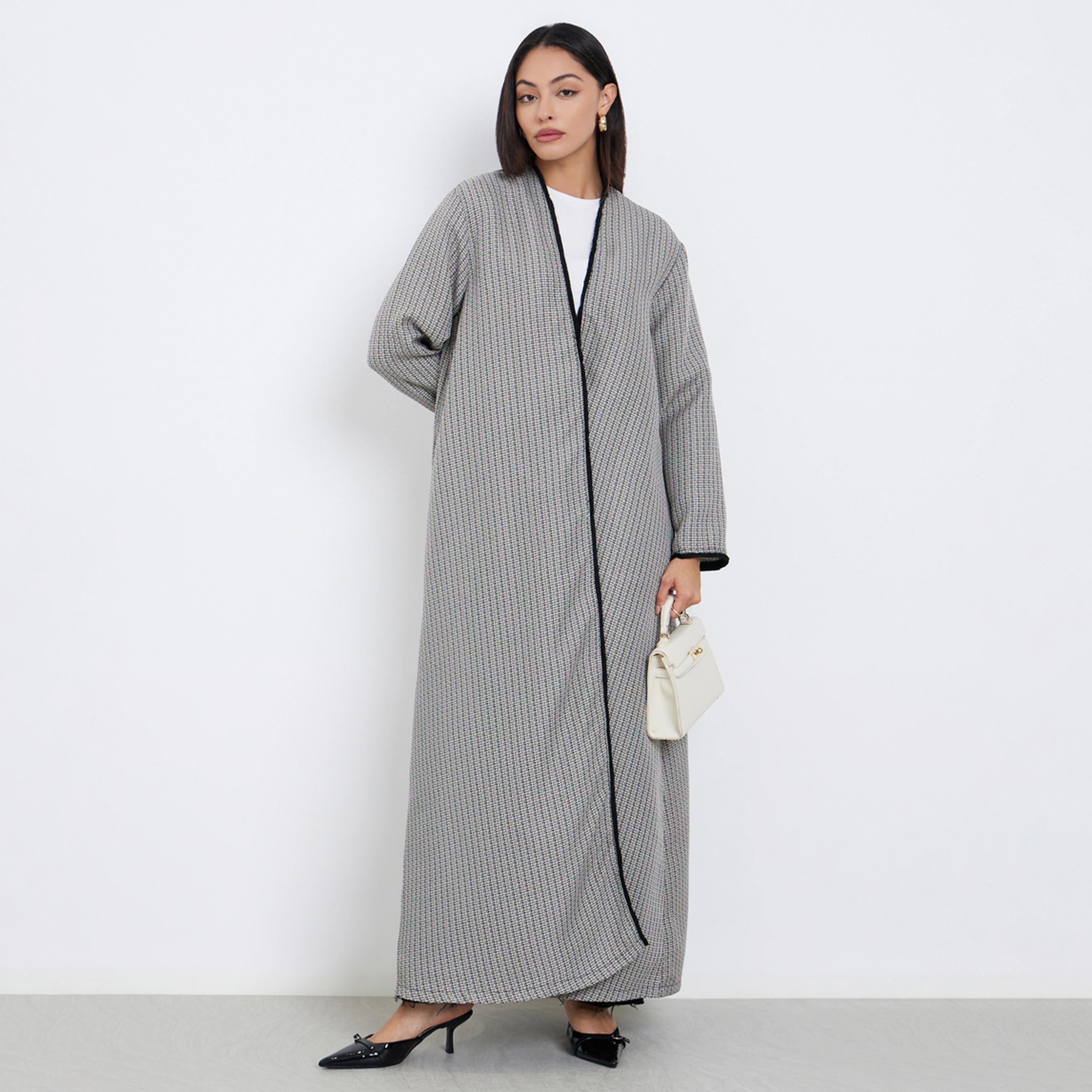 Styli Multi Tweed Look Abaya with Frayed Edge-women-arabicclothing-abayas-image-1