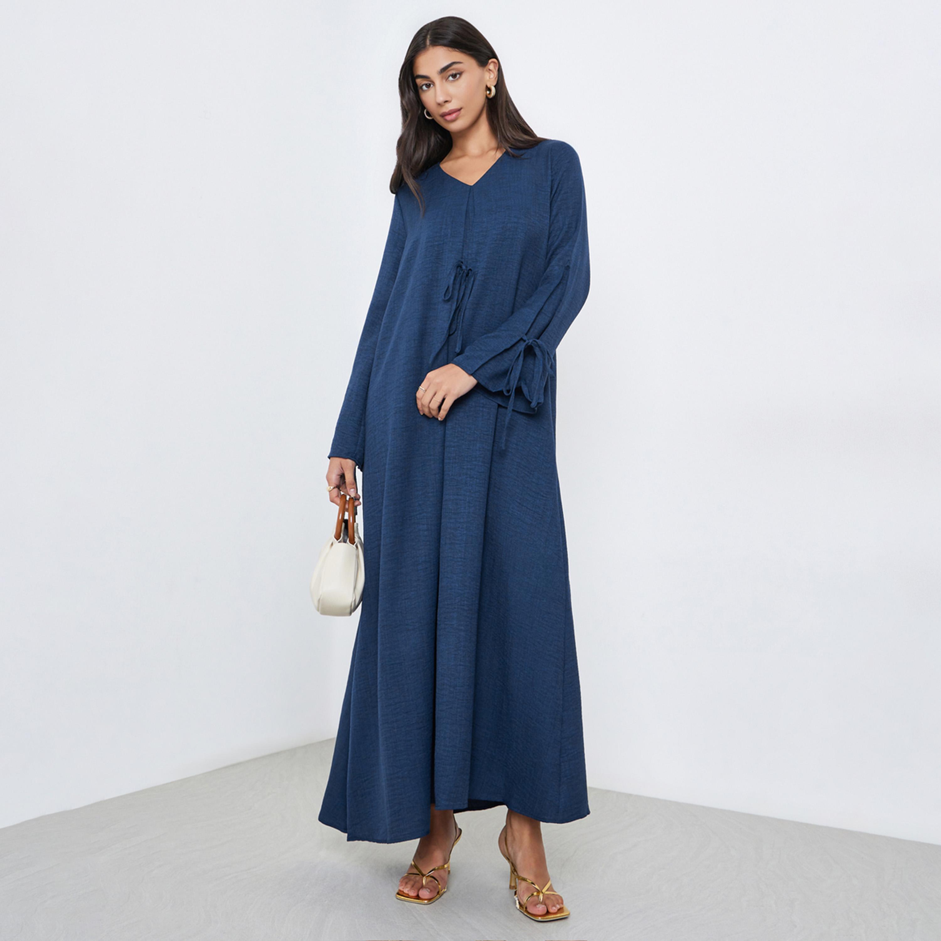 Amirah X Styli Navy Blue Tie-Detail V Neck Jalabiya-women-arabicclothing-jalabiyas-image-1