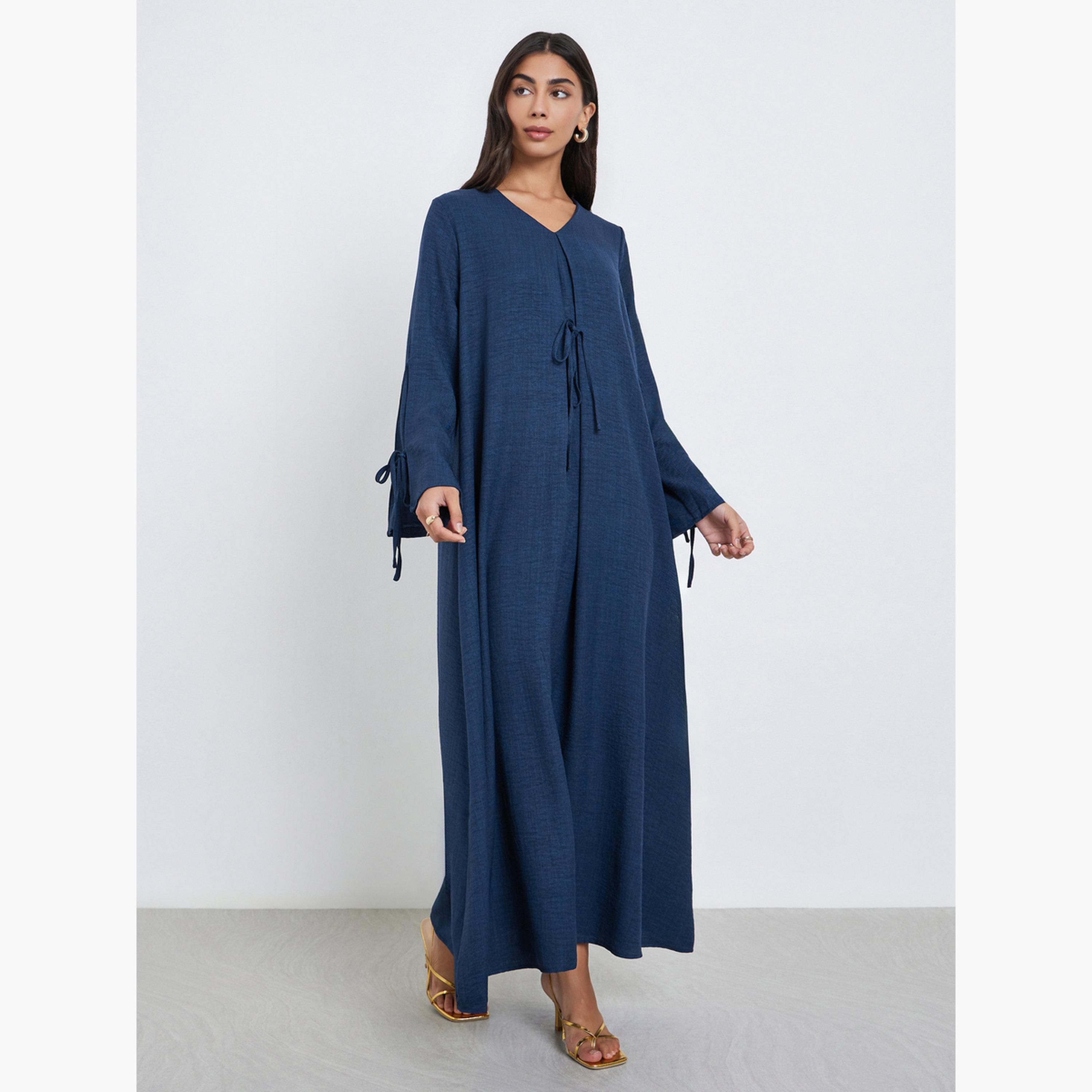 Amirah X Styli Navy Blue Tie-Detail V Neck Jalabiya-women-arabicclothing-jalabiyas-image-2
