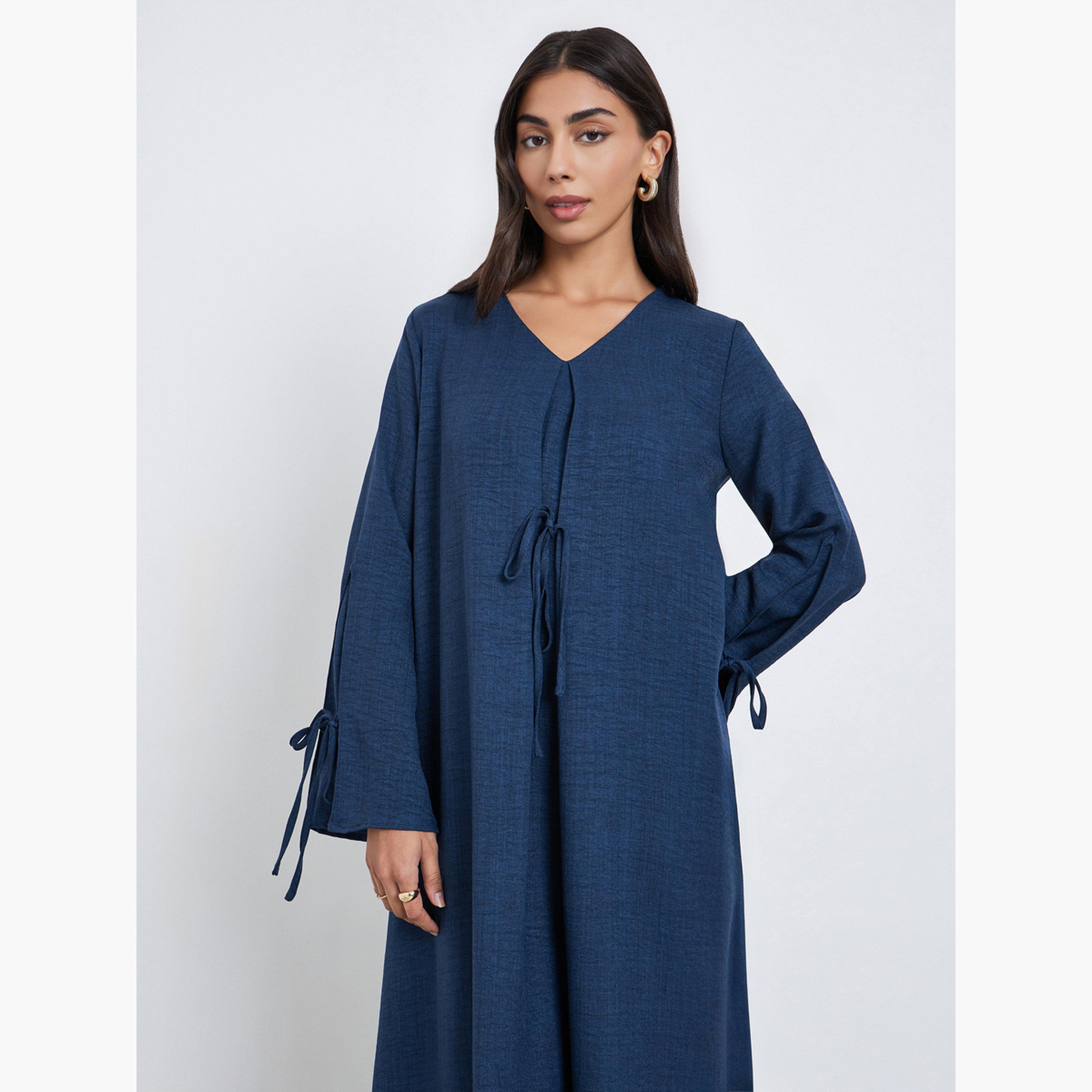 Amirah X Styli Navy Blue Tie-Detail V Neck Jalabiya-women-arabicclothing-jalabiyas-image-3