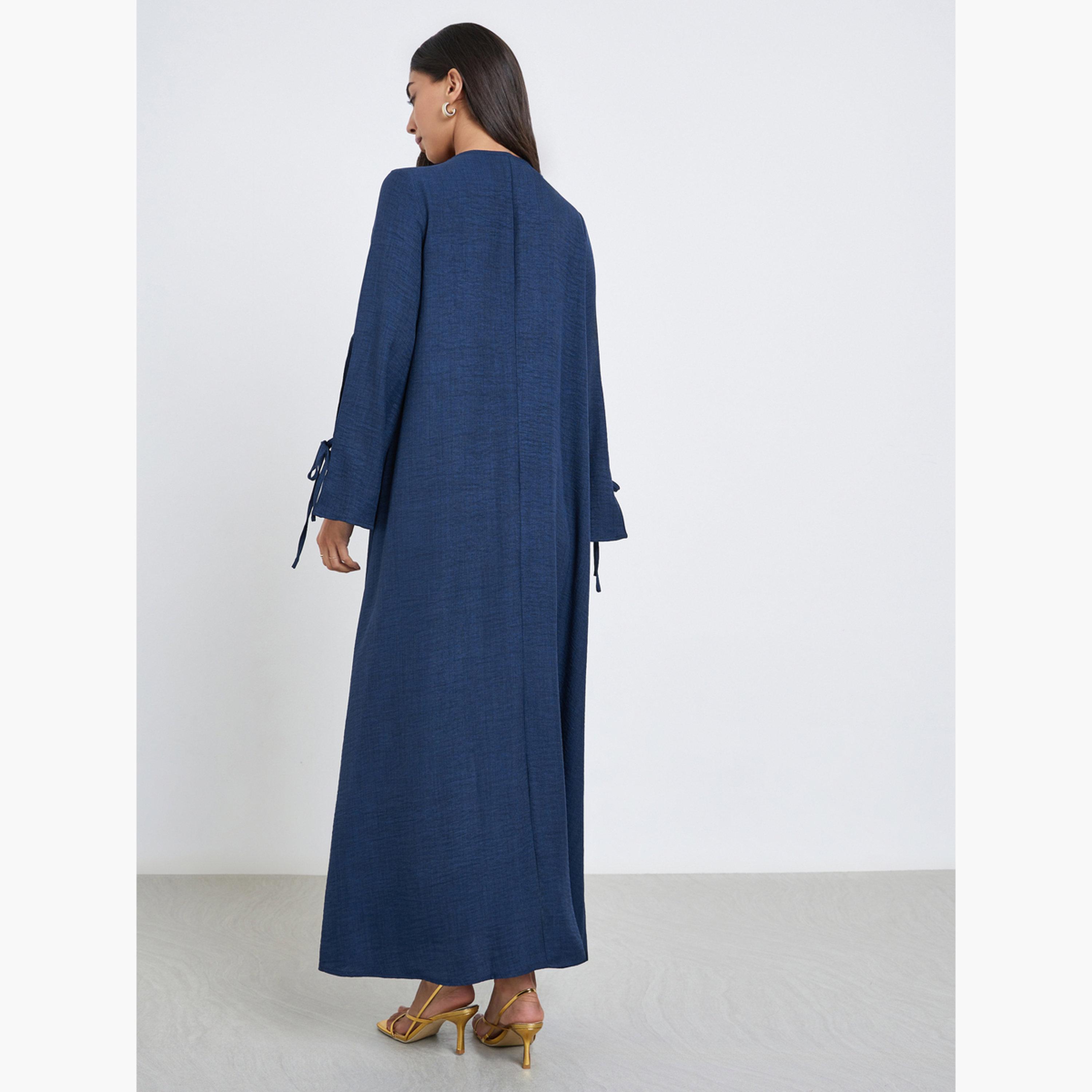 Amirah X Styli Navy Blue Tie-Detail V Neck Jalabiya-women-arabicclothing-jalabiyas-image-4