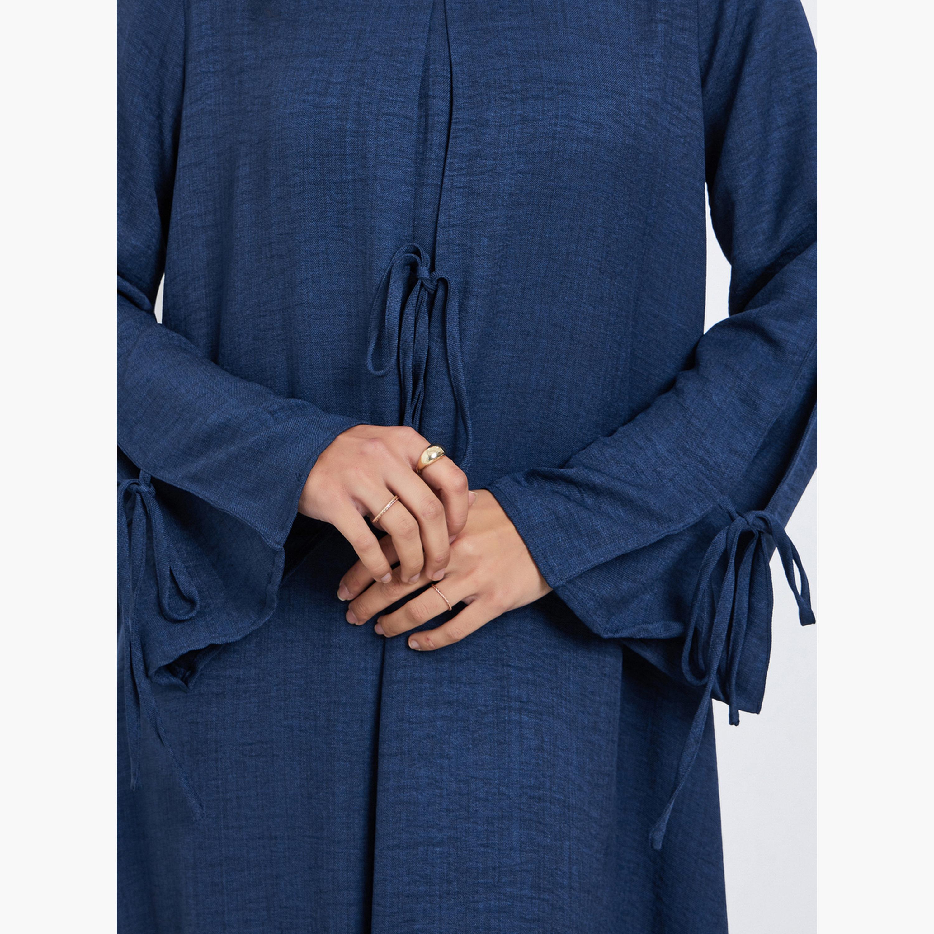 Amirah X Styli Navy Blue Tie-Detail V Neck Jalabiya-women-arabicclothing-jalabiyas-image-5