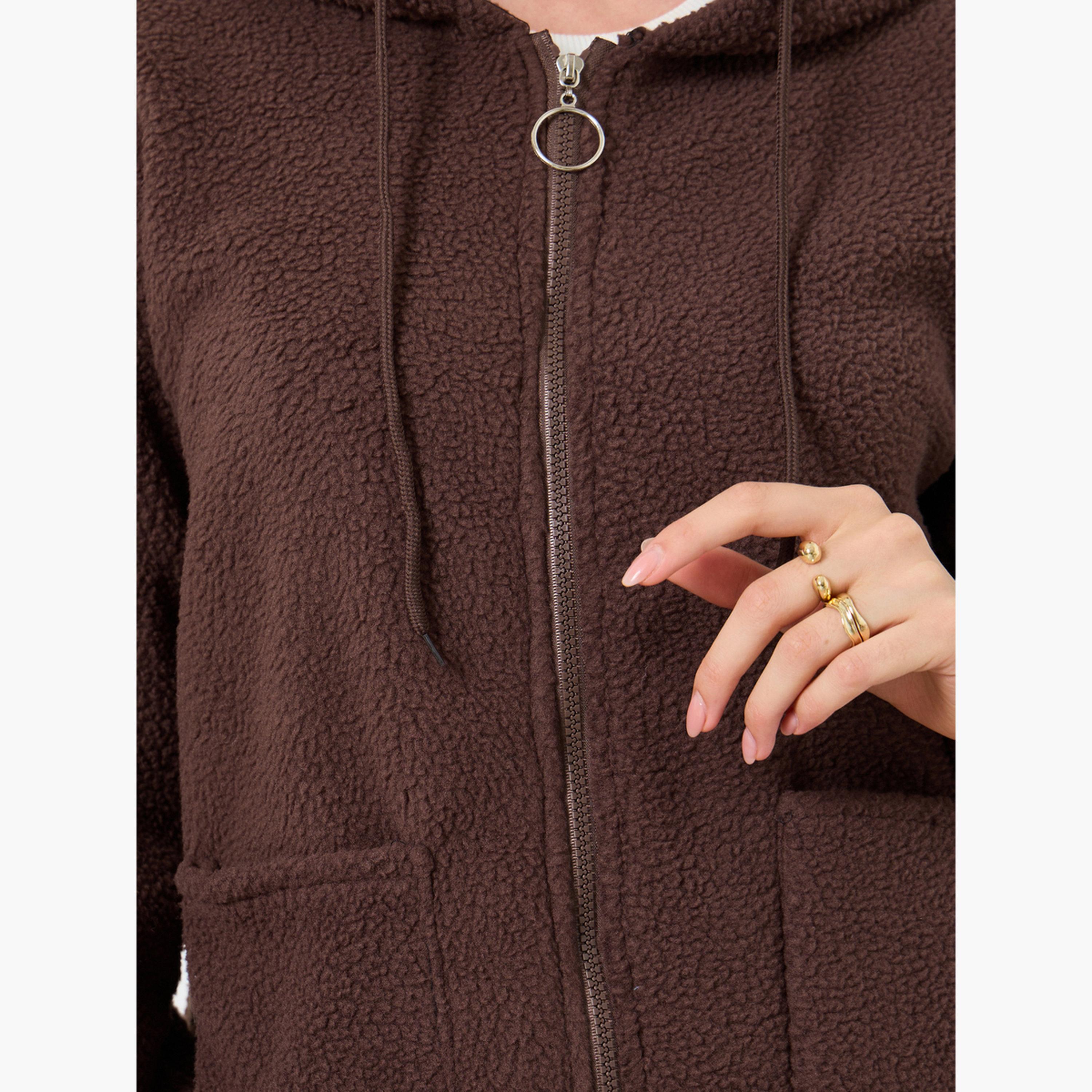 Take Two Textured Hooded Neck Long Sleeves Women's Zip Through Hoodie-women-winterwear-coatsandjackets-jackets-image-3