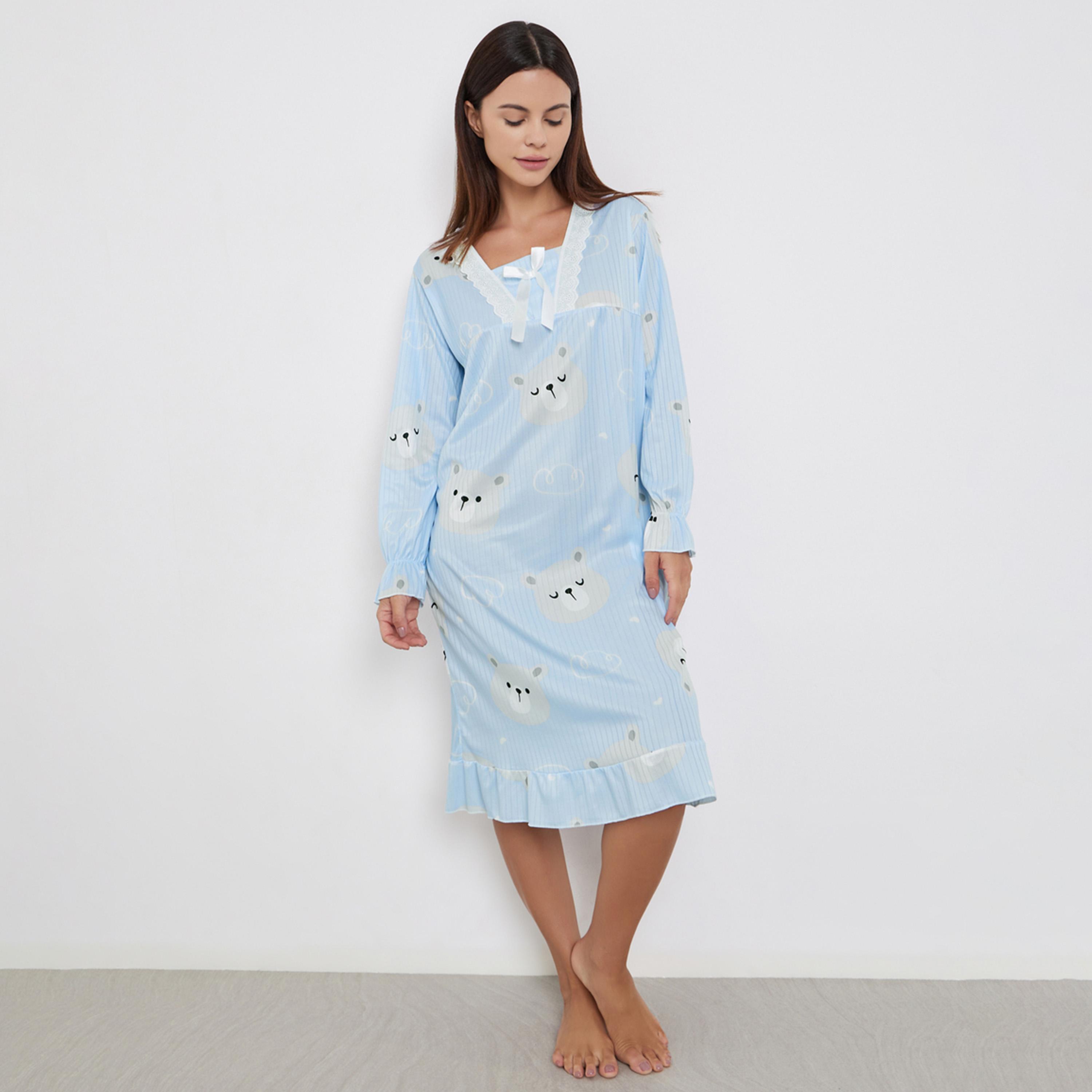 Styli Bear Print Long Sleeve Nightdress-women-clothing-nightwear-nighties-image-1