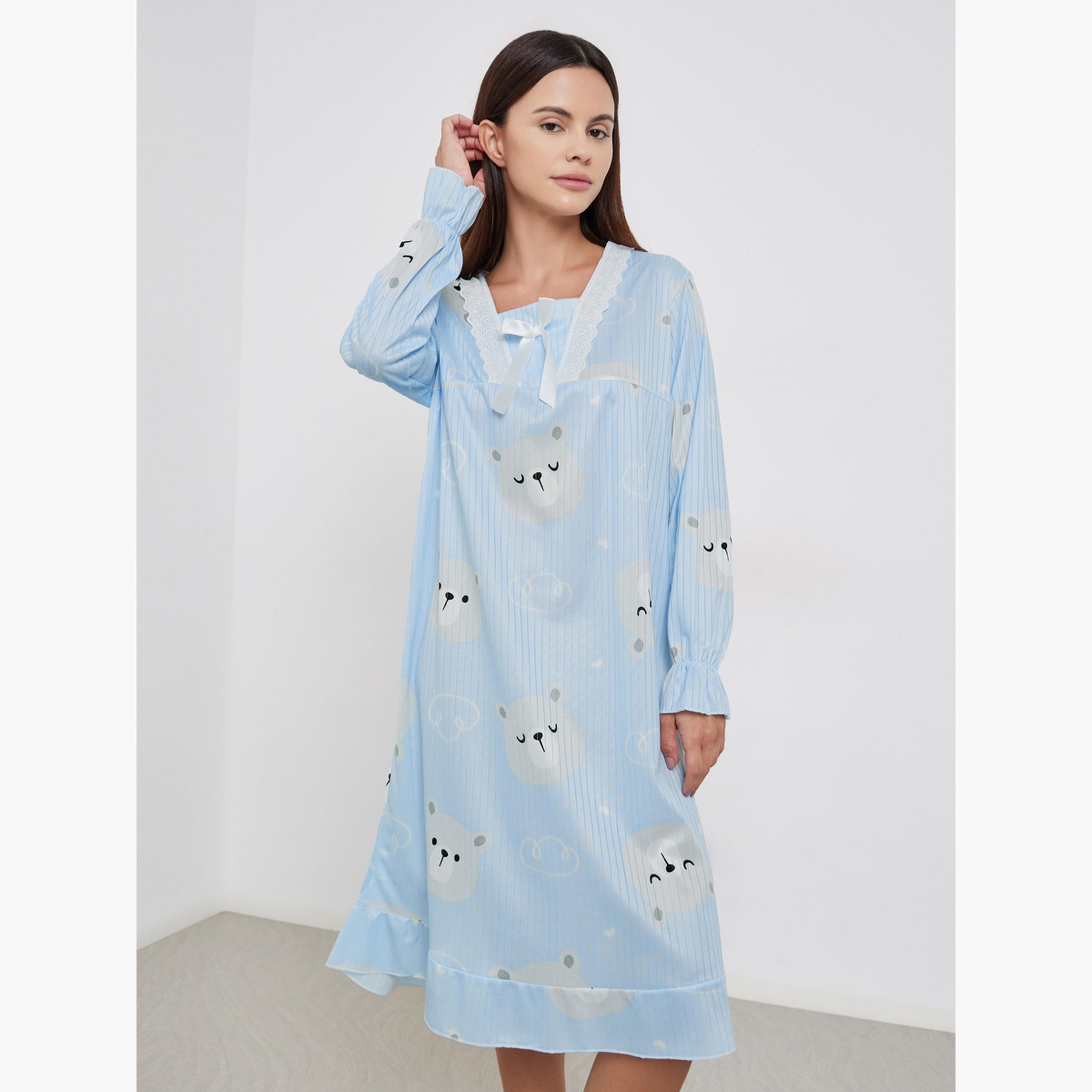 Styli Bear Print Long Sleeve Nightdress-women-clothing-nightwear-nighties-image-2