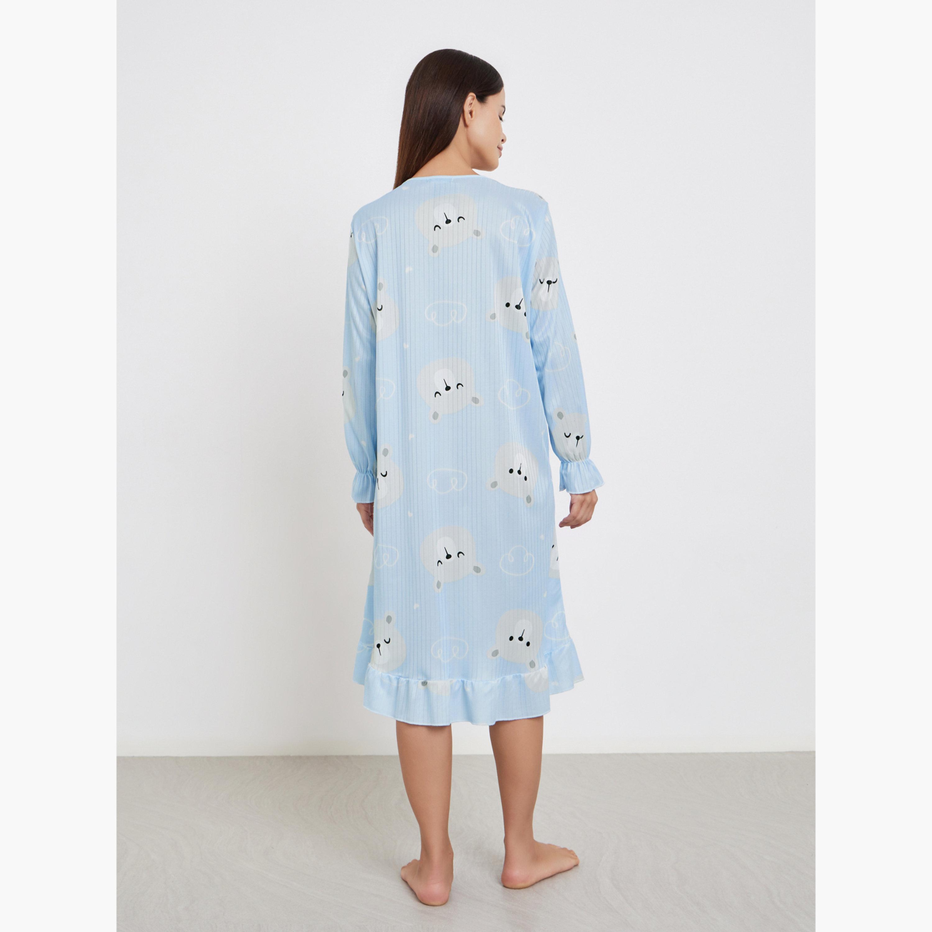 Styli Bear Print Long Sleeve Nightdress-women-clothing-nightwear-nighties-image-3
