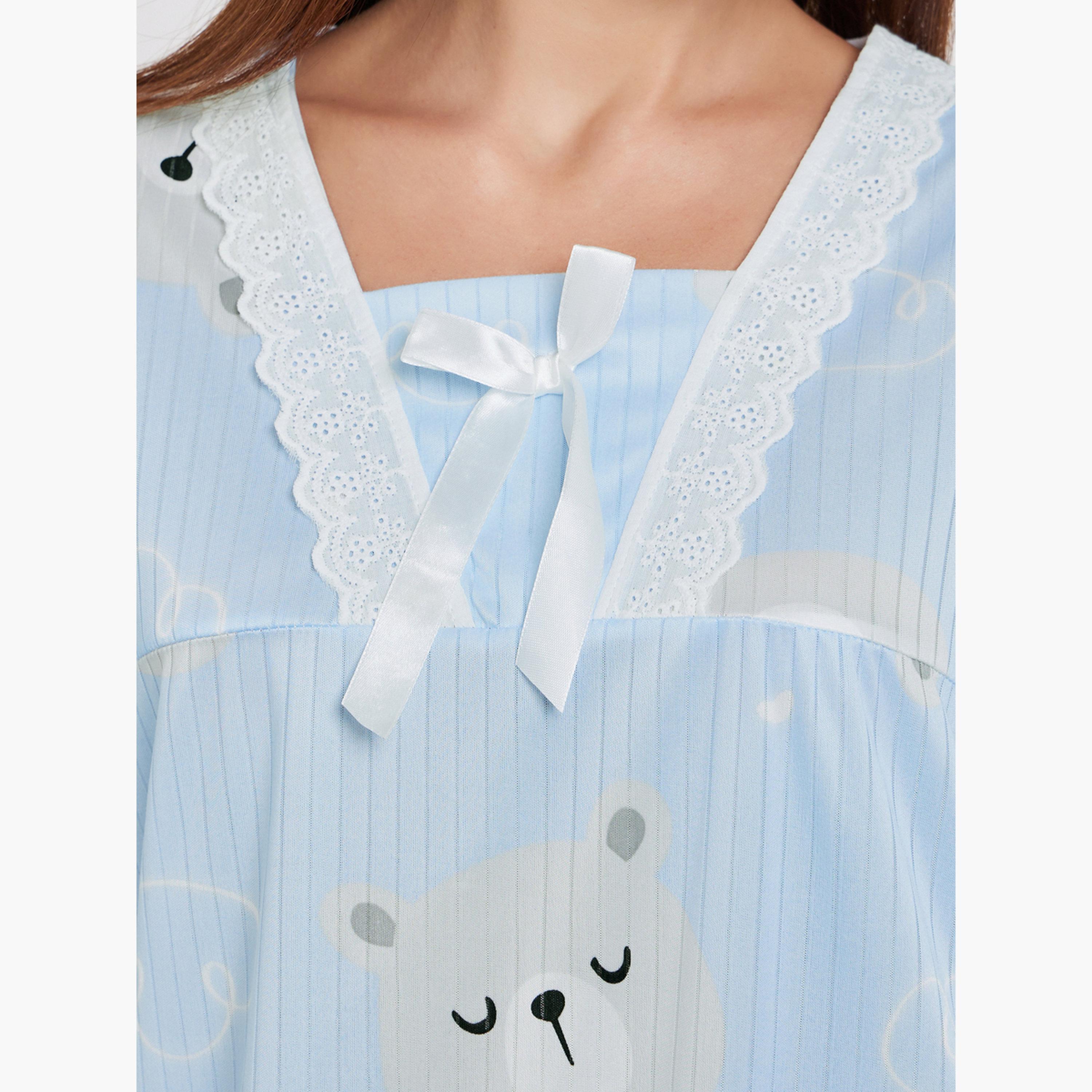 Styli Bear Print Long Sleeve Nightdress-women-clothing-nightwear-nighties-image-4