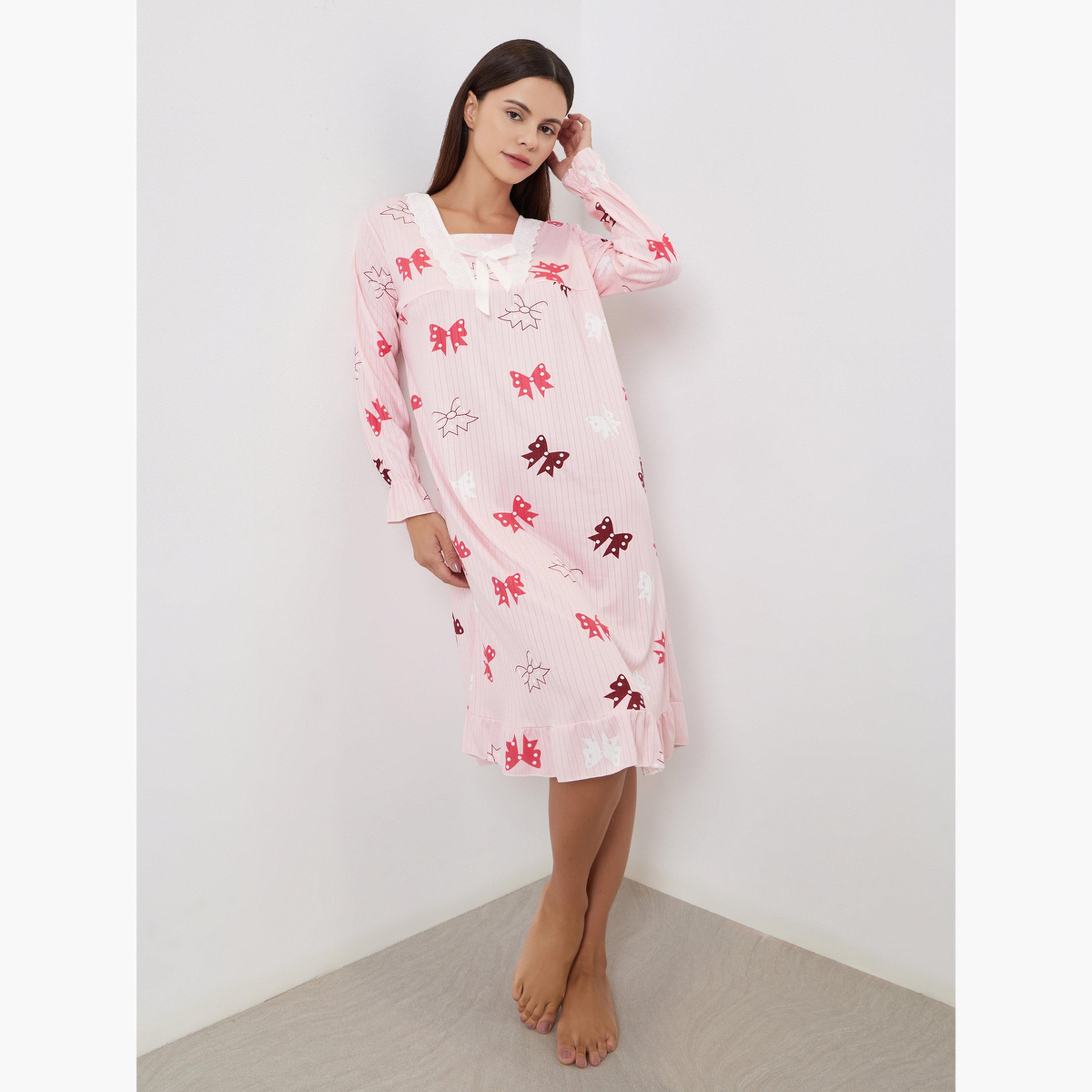 تيك تو - قميص نوم بأكمام طويلة وطبعة فيونكة وردية-women-clothing-nightwear-nighties-image-2