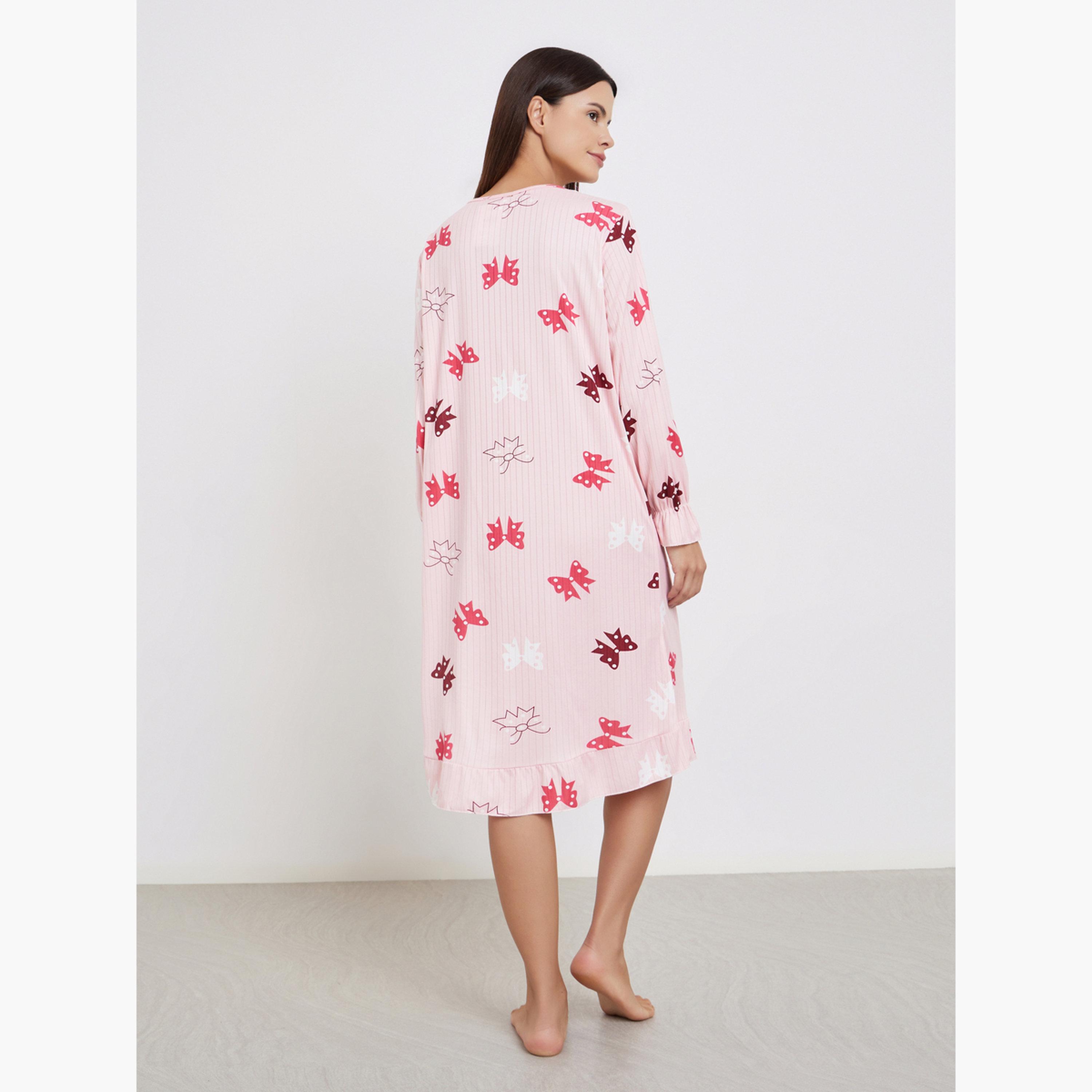 تيك تو - قميص نوم بأكمام طويلة وطبعة فيونكة وردية-women-clothing-nightwear-nighties-image-3