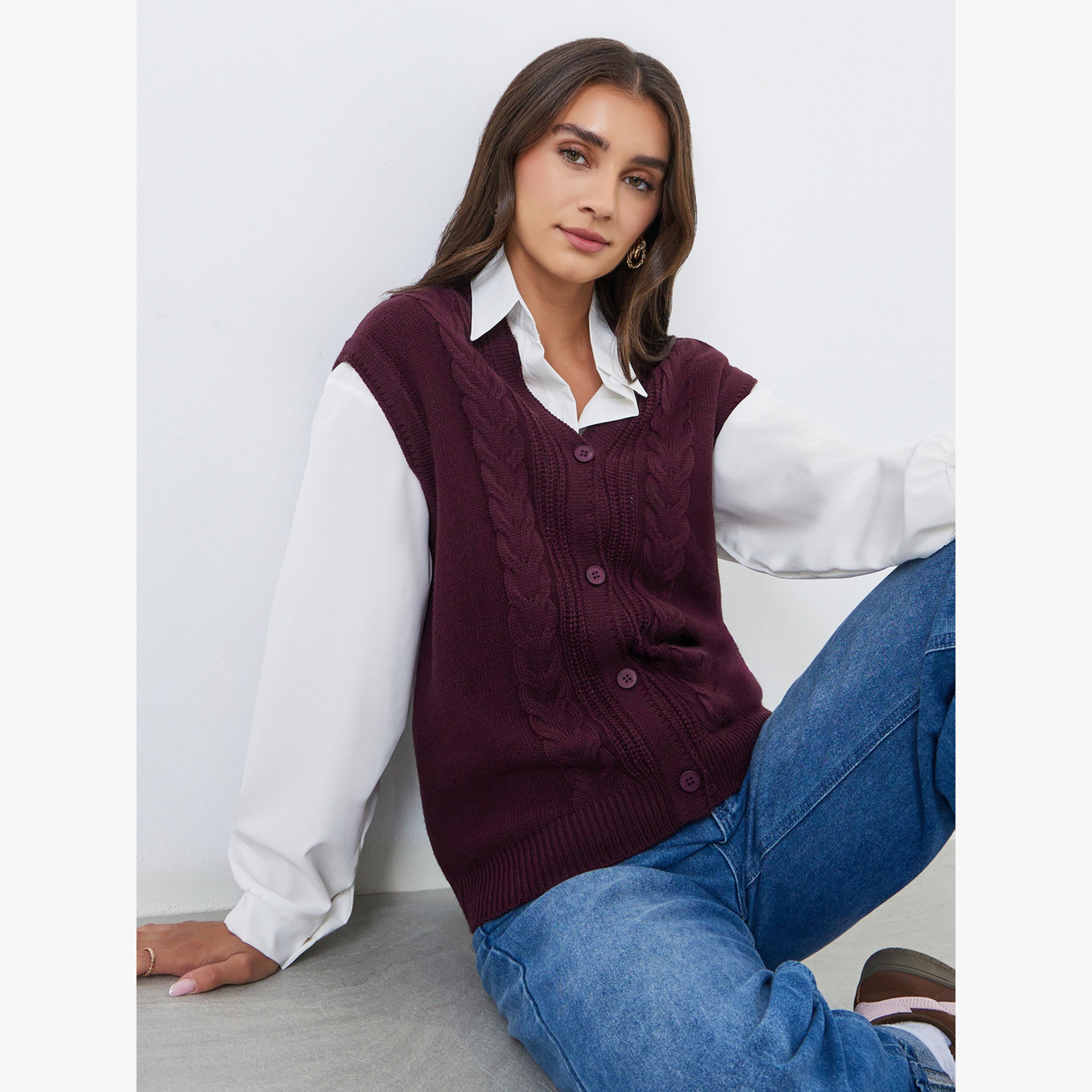 Styli Women Burgundy Cable Knit Vest-women-clothing-cardigansandjumpers-jumpers-image-3