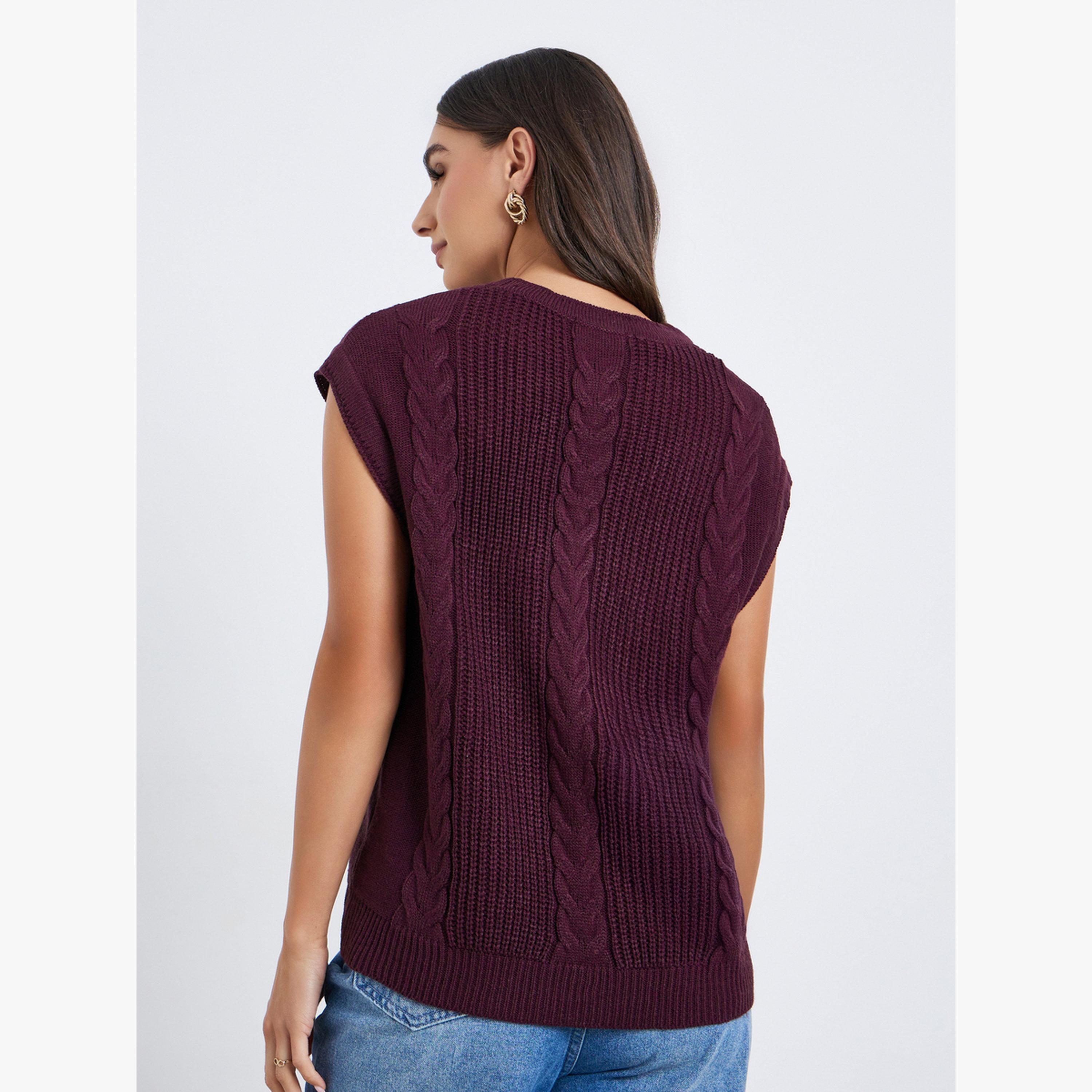 Styli Women Burgundy Cable Knit Vest-women-clothing-cardigansandjumpers-jumpers-image-5