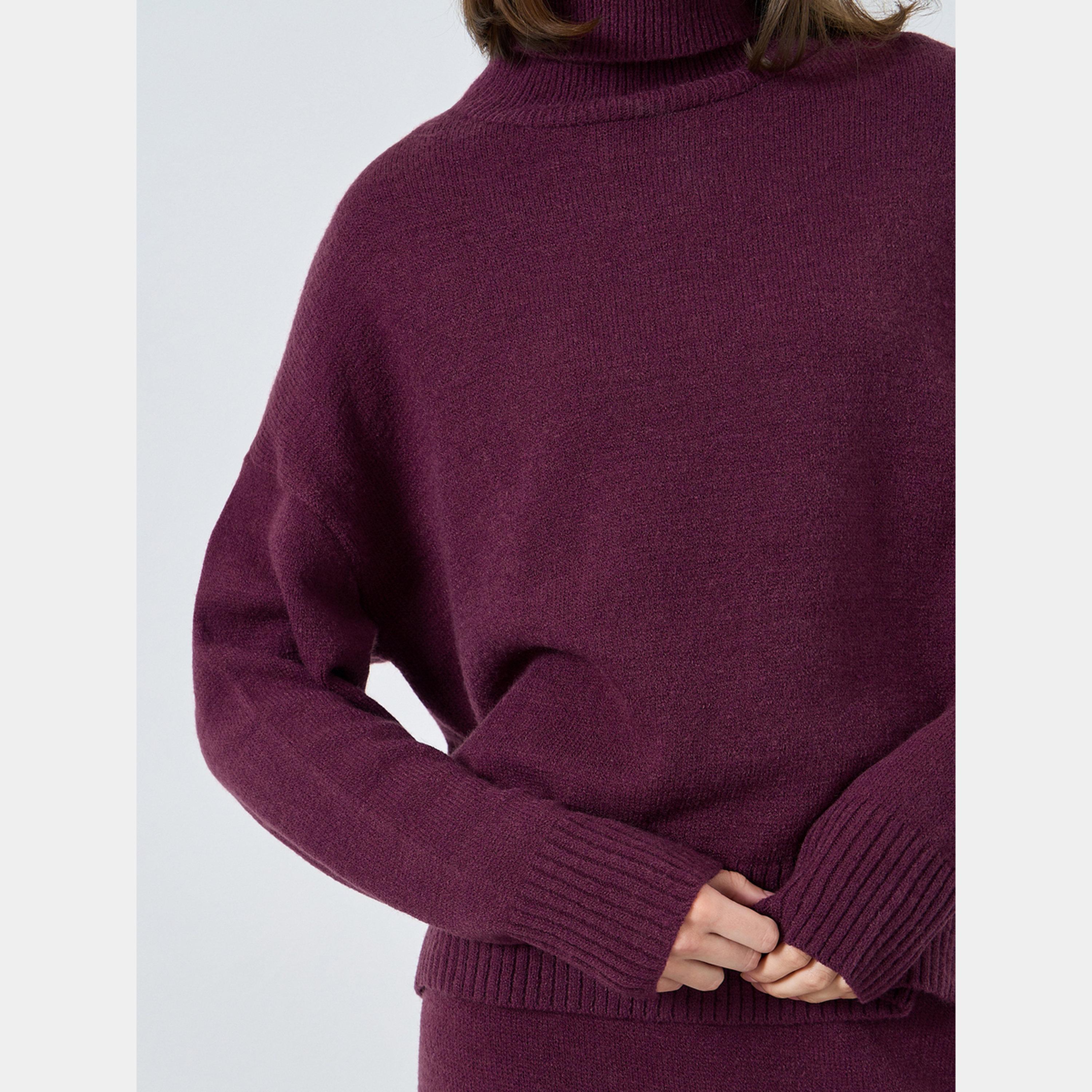 Styli Burgundy Knit Turtle Neck Sweater and Skirt Co-ords-women-clothing-coordsets-image-4