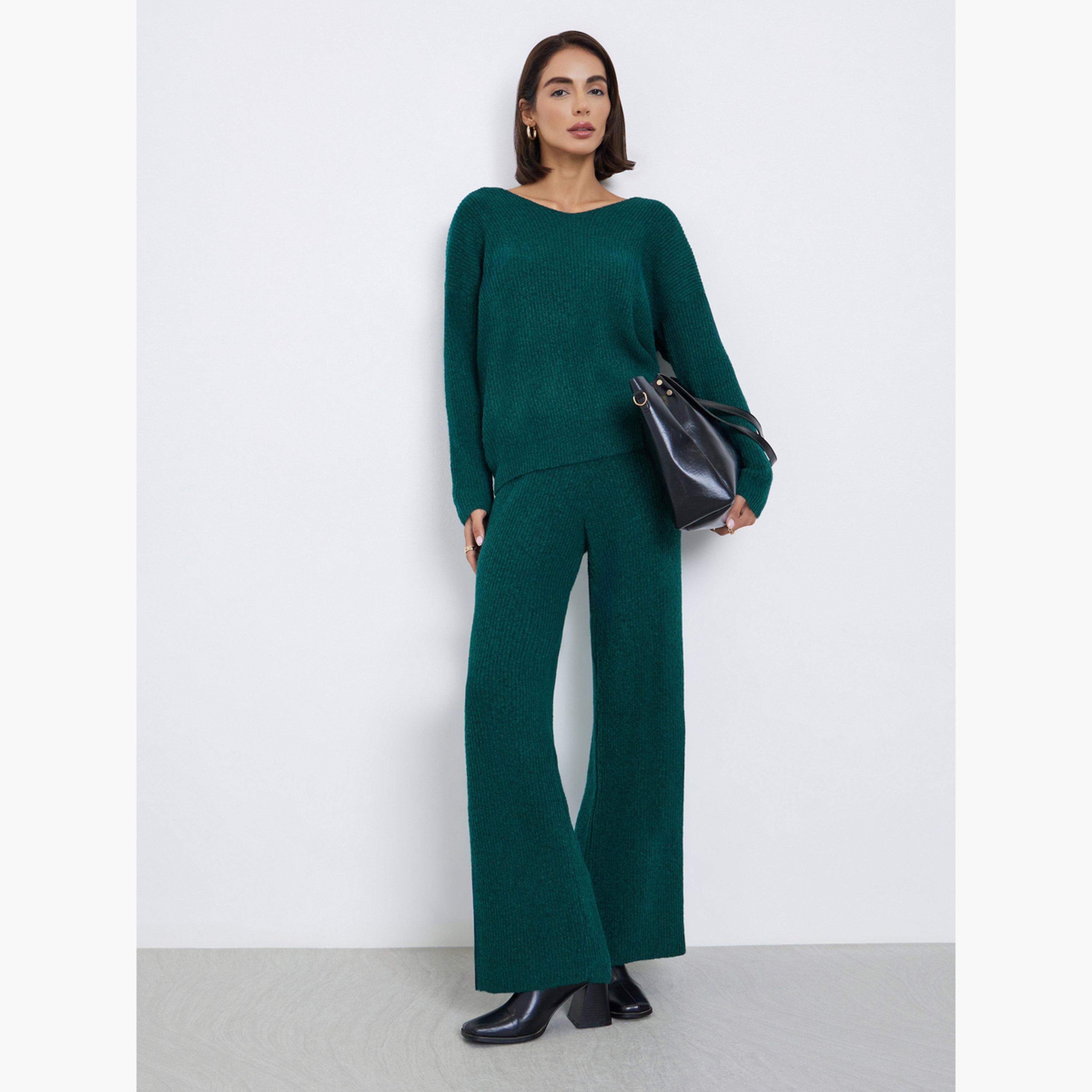 ستايلي - سترة محبوكة تصميم واسع بفتحة رقبة على شكل حرف V مع بنطال للنساء-women-clothing-coordsets-image-1