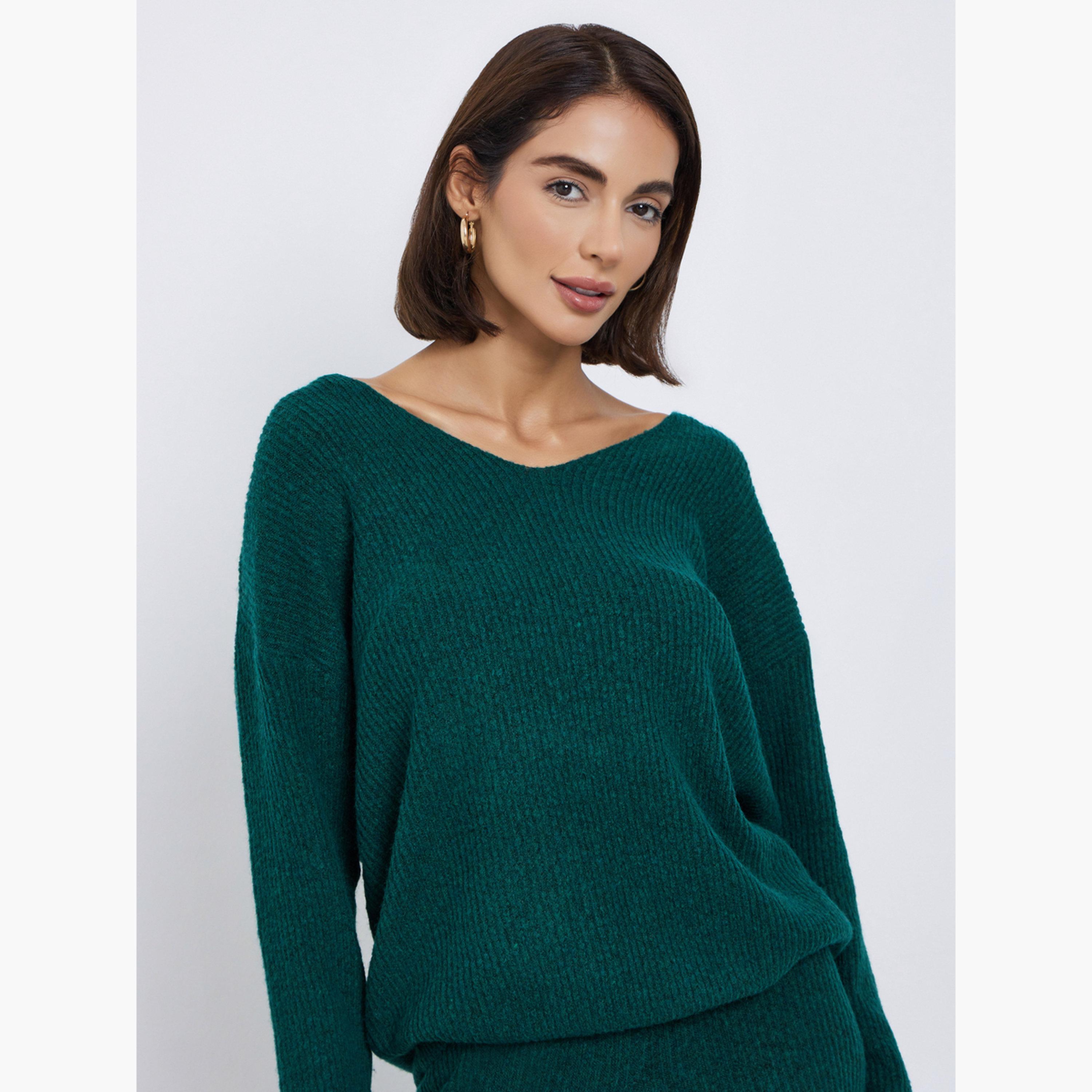 ستايلي - سترة محبوكة تصميم واسع بفتحة رقبة على شكل حرف V مع بنطال للنساء-women-clothing-coordsets-image-3