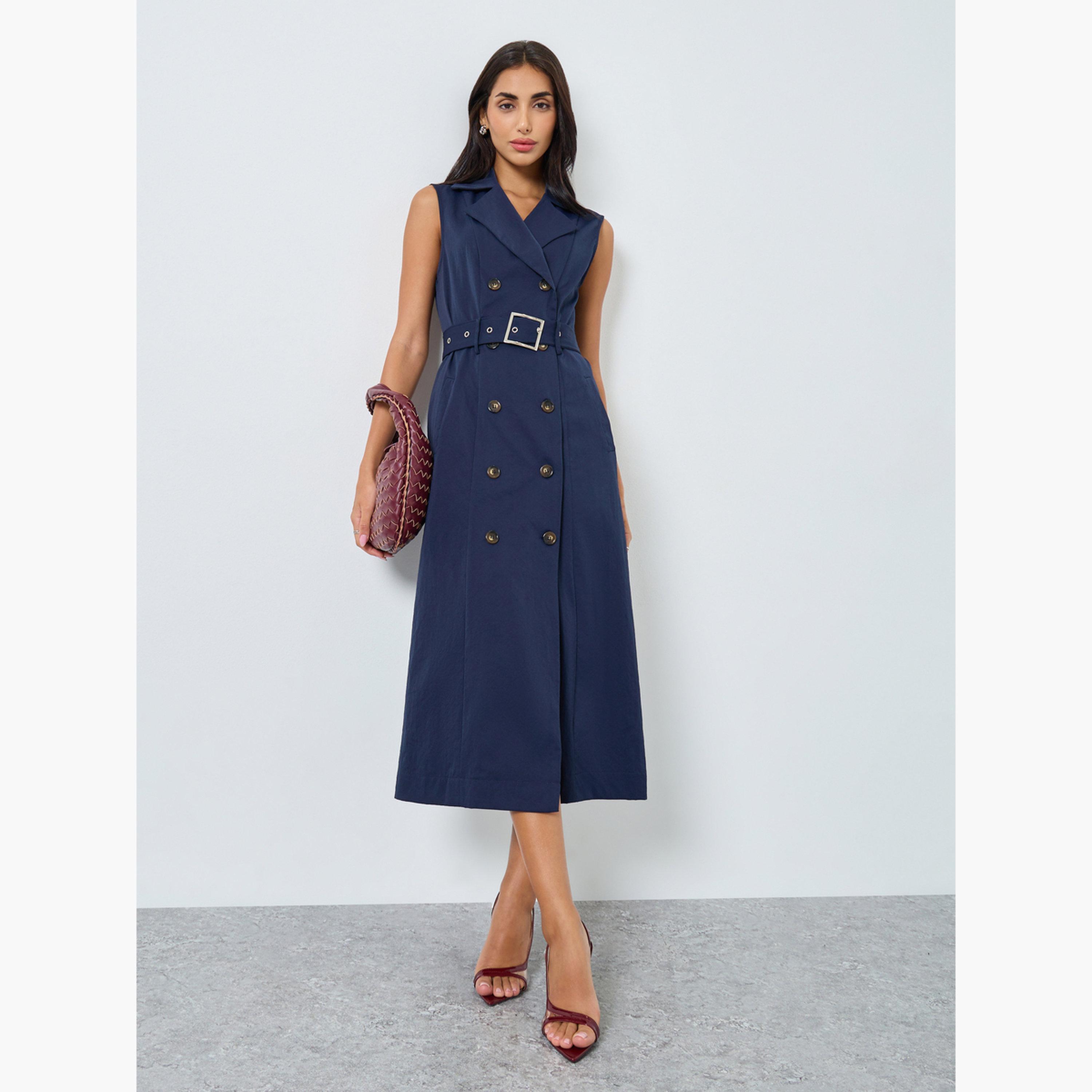 Styli Women Navy Blue Belted Blazer Midi Dress-women-clothing-dresses-image-1