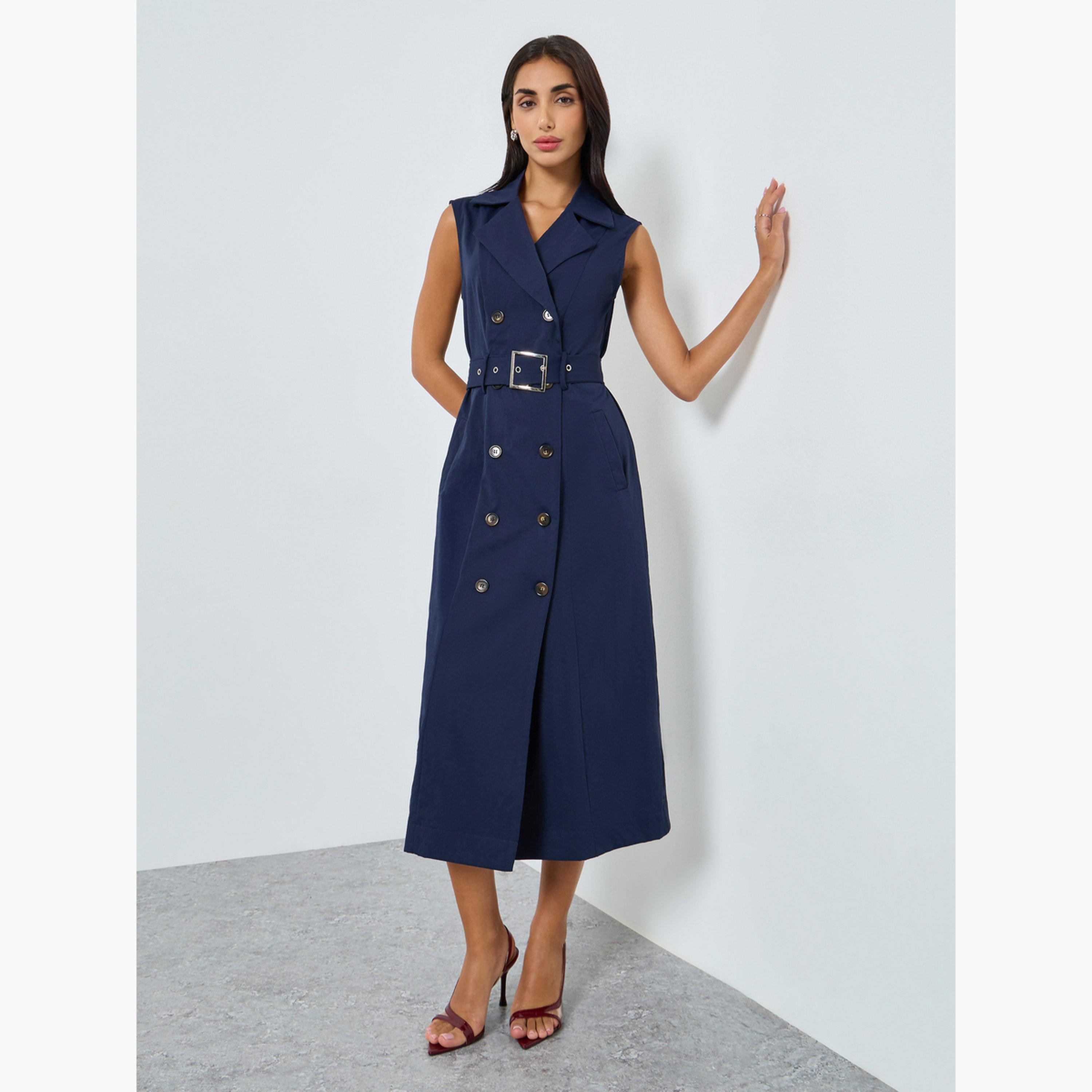 Styli Women Navy Blue Belted Blazer Midi Dress-women-clothing-dresses-image-2
