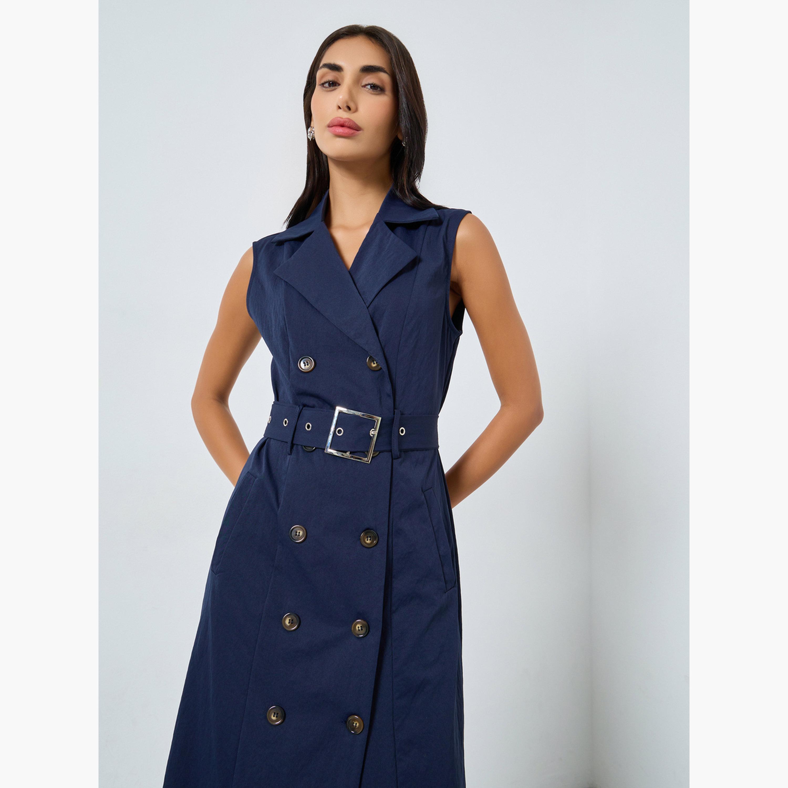 Styli Women Navy Blue Belted Blazer Midi Dress-women-clothing-dresses-image-3