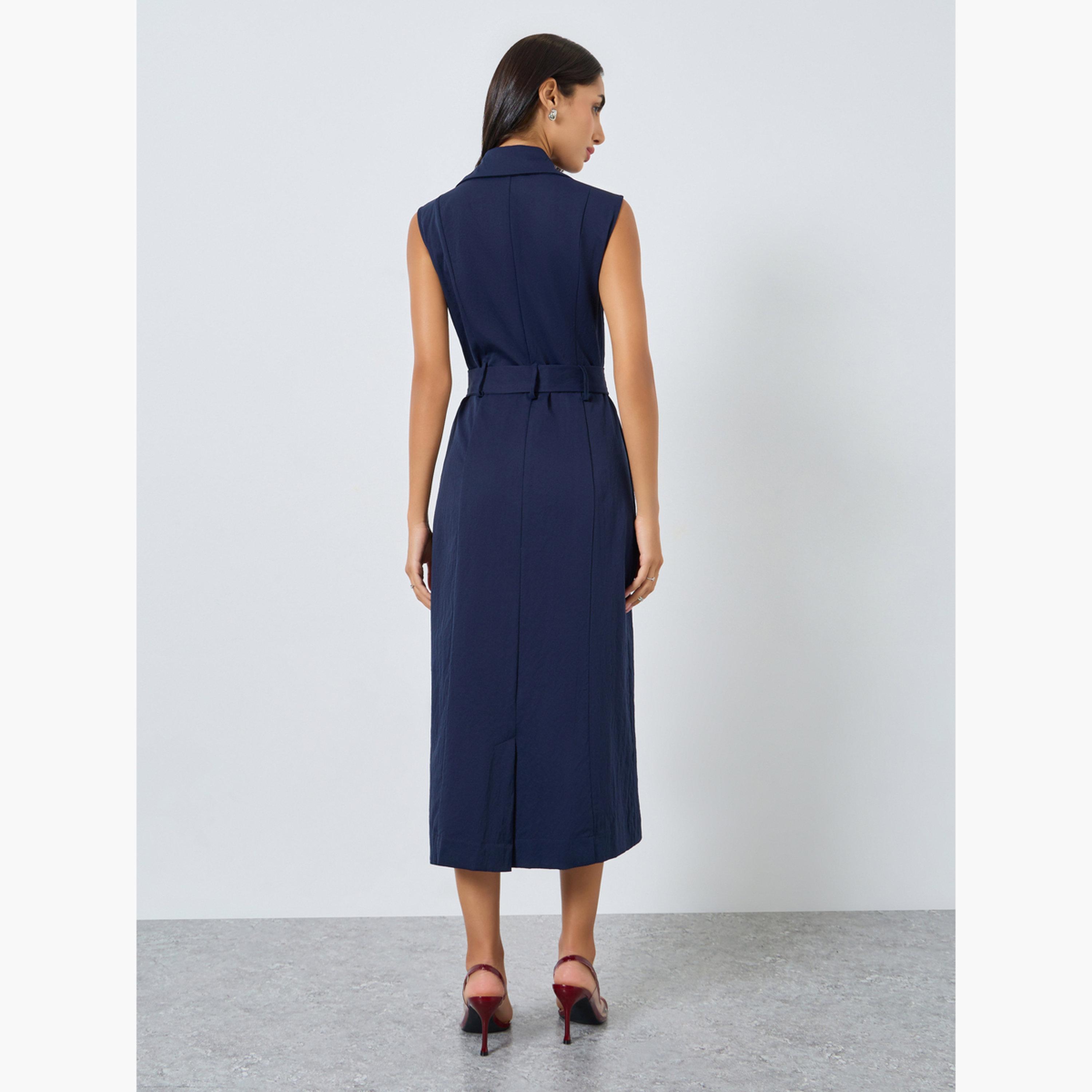 Styli Women Navy Blue Belted Blazer Midi Dress-women-clothing-dresses-image-4