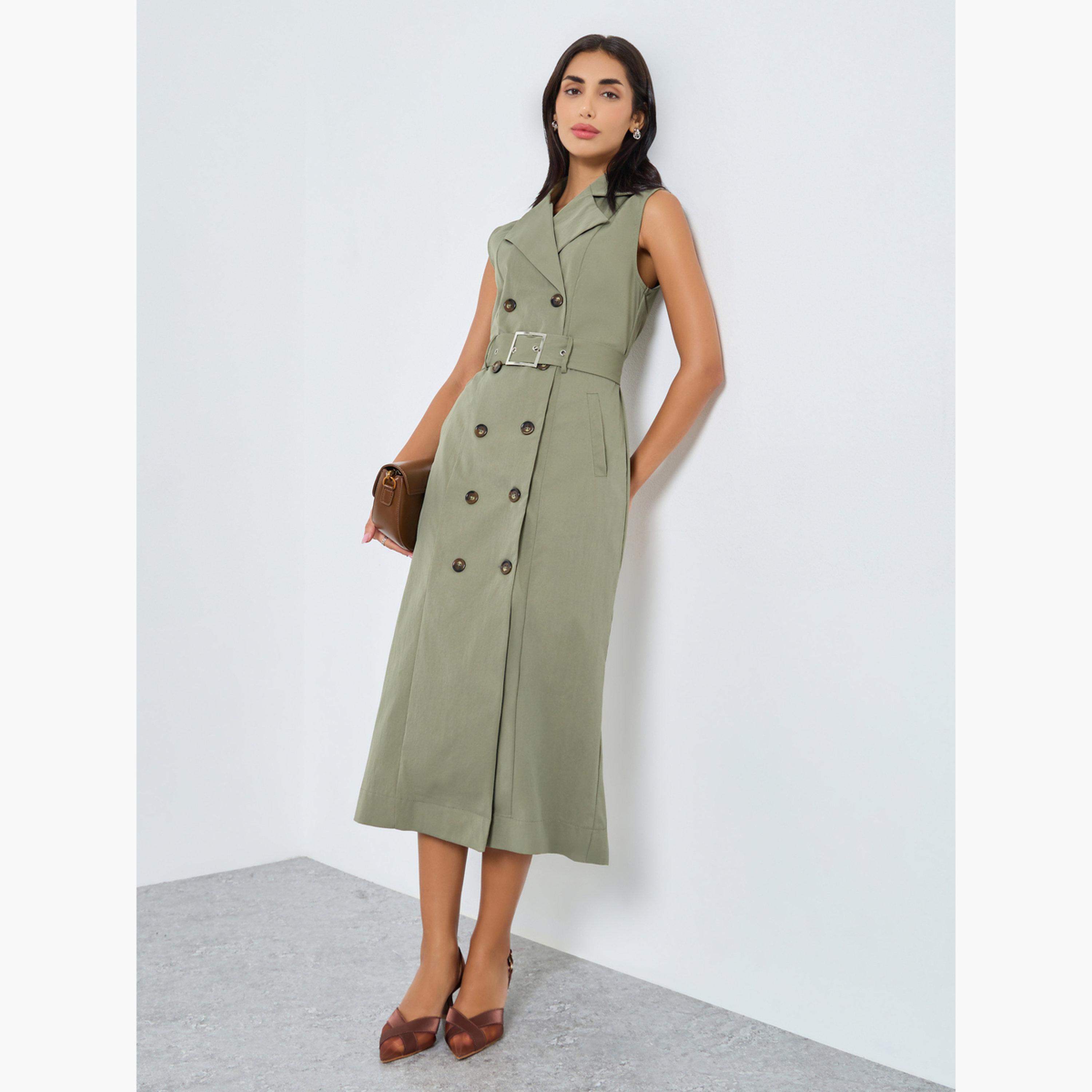 ستايلي - فستان بليزر متوسط ​​الطول بحزام لون زيتوني للنساء-women-clothing-dresses-image-1