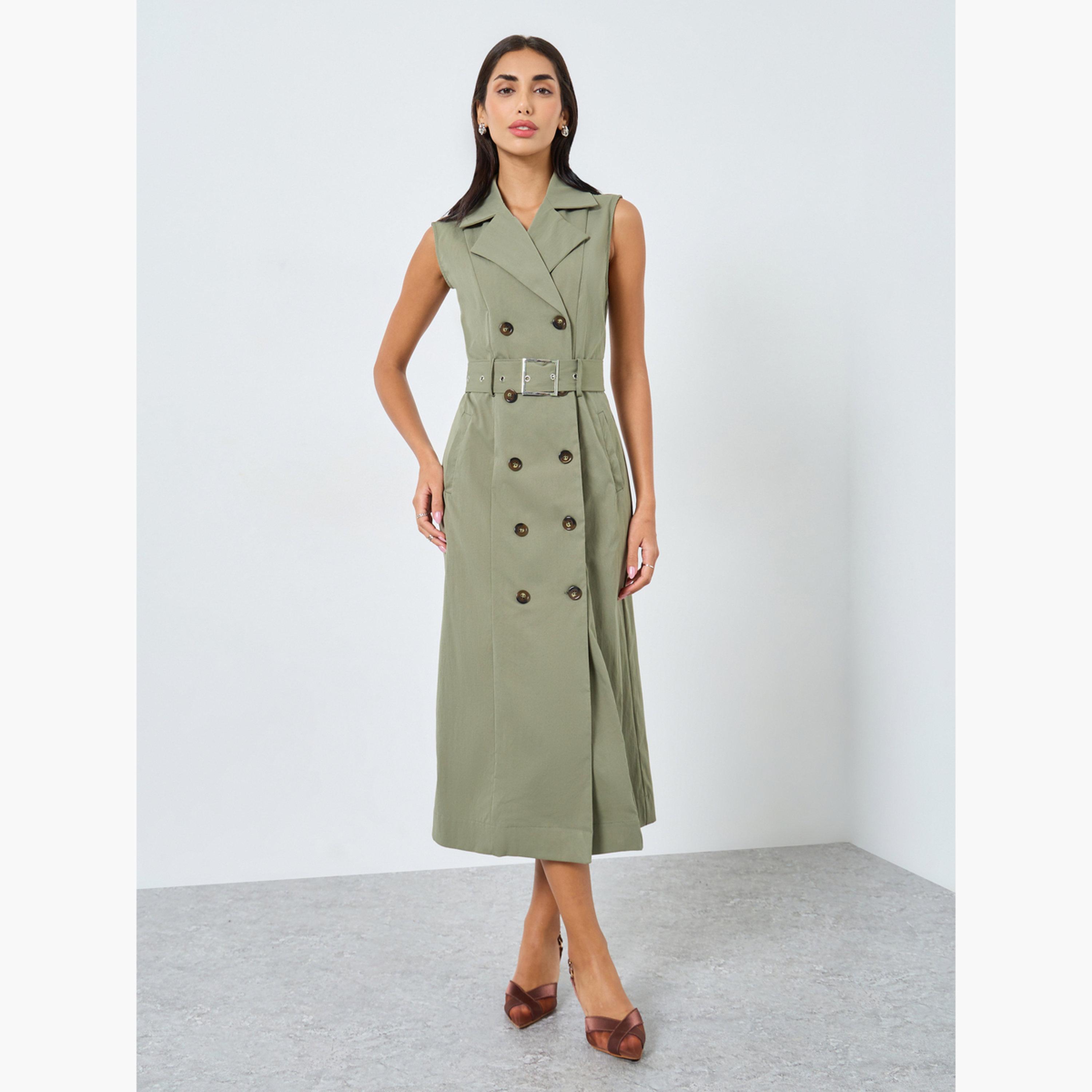 ستايلي - فستان بليزر متوسط ​​الطول بحزام لون زيتوني للنساء-women-clothing-dresses-image-2