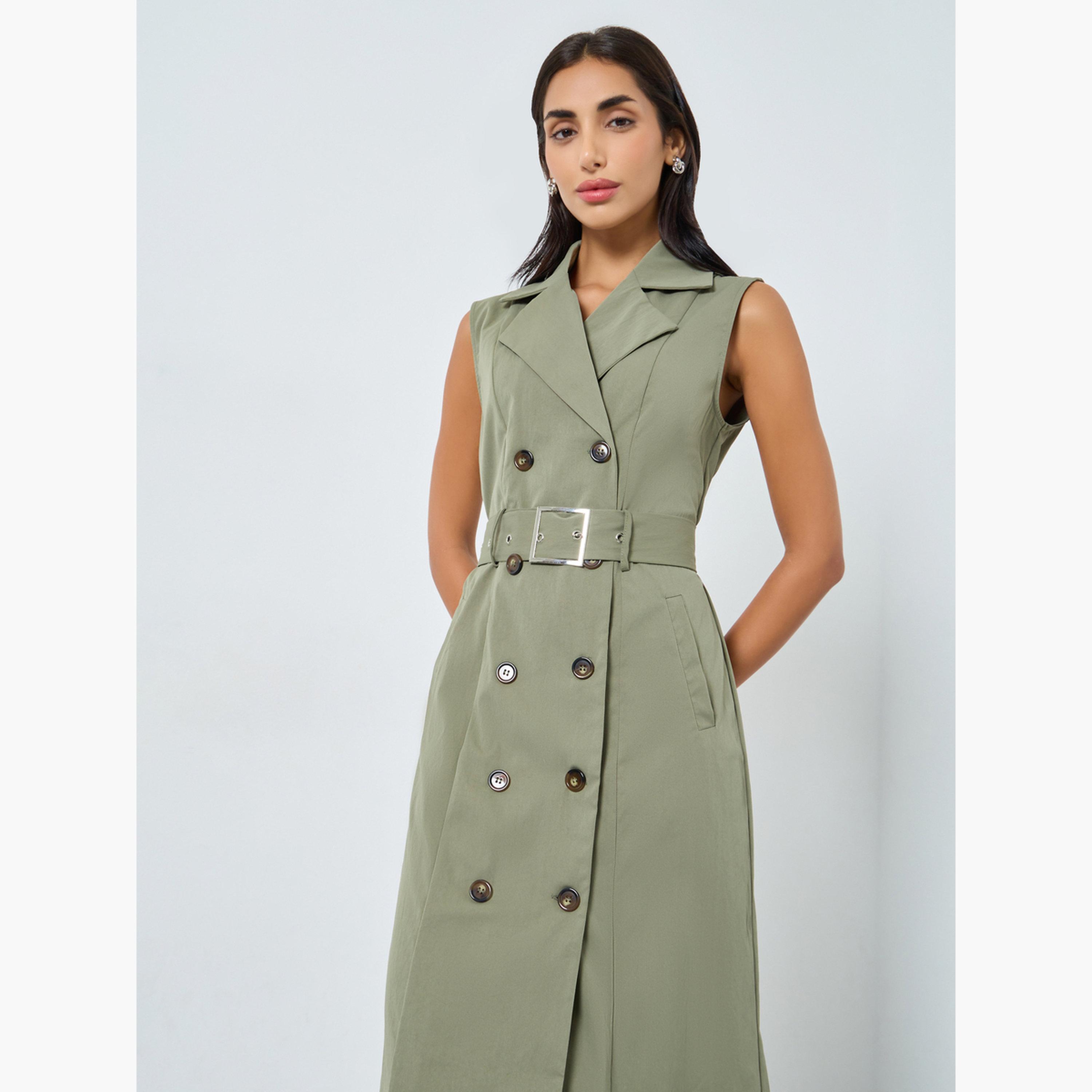 ستايلي - فستان بليزر متوسط ​​الطول بحزام لون زيتوني للنساء-women-clothing-dresses-image-3