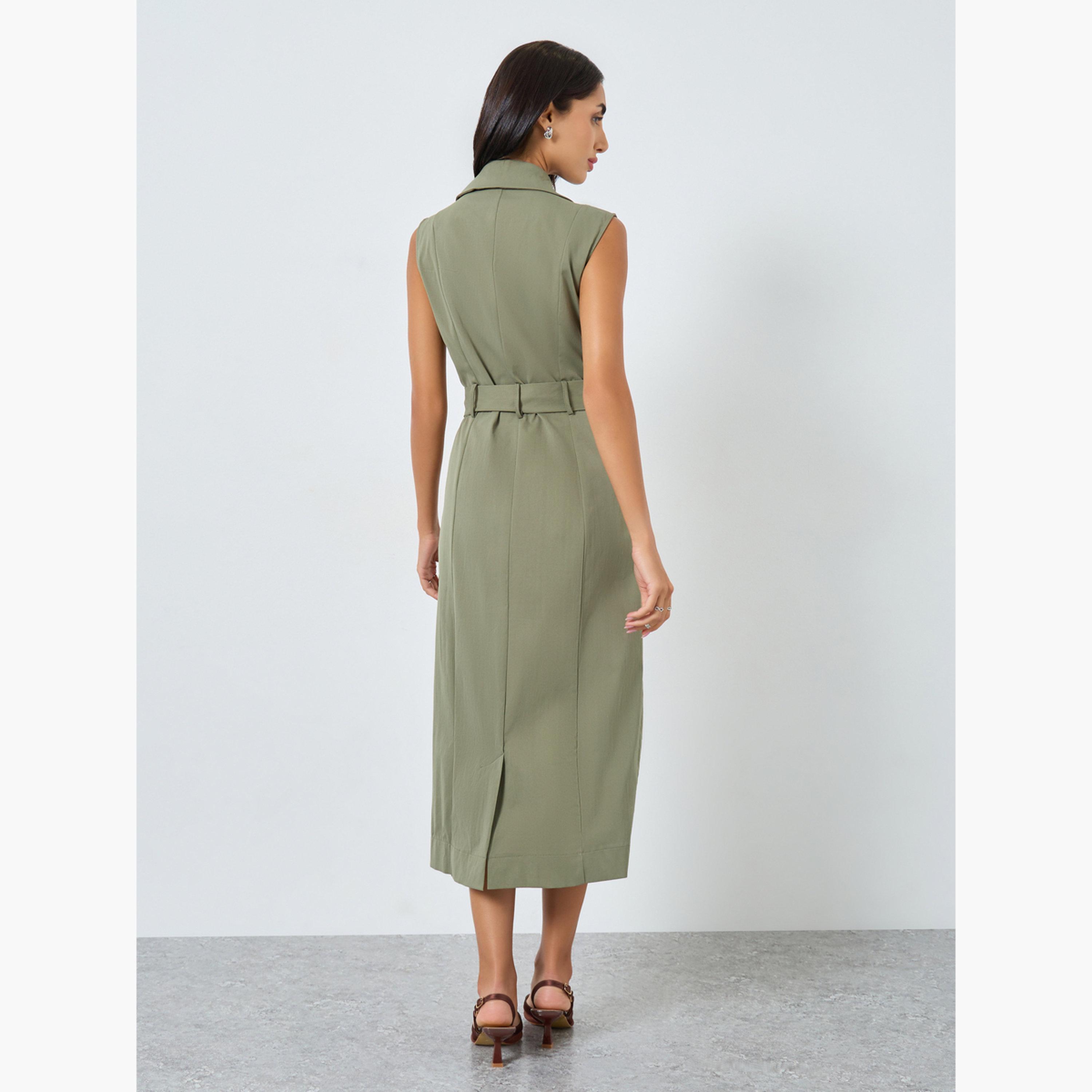 ستايلي - فستان بليزر متوسط ​​الطول بحزام لون زيتوني للنساء-women-clothing-dresses-image-4
