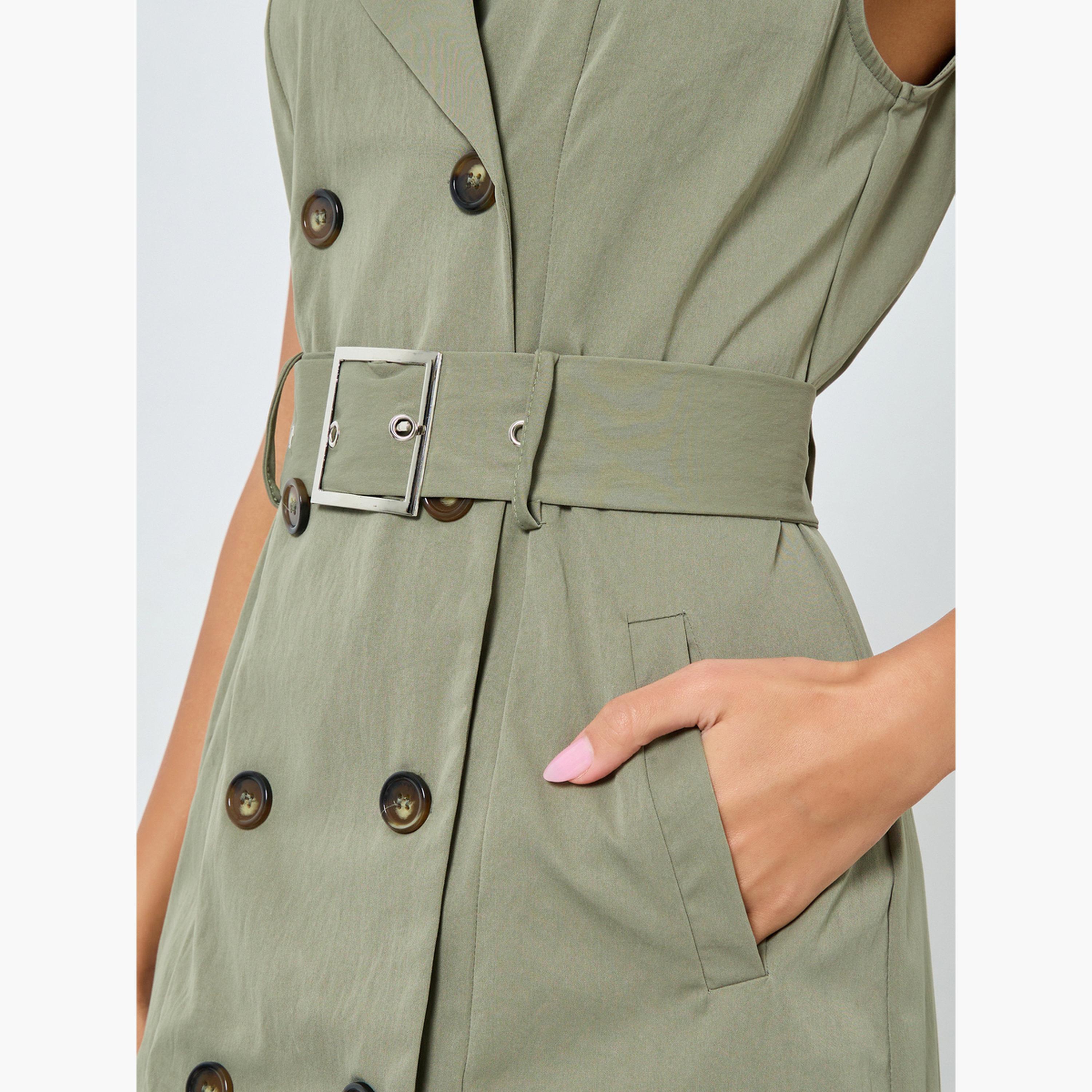 ستايلي - فستان بليزر متوسط ​​الطول بحزام لون زيتوني للنساء-women-clothing-dresses-image-5