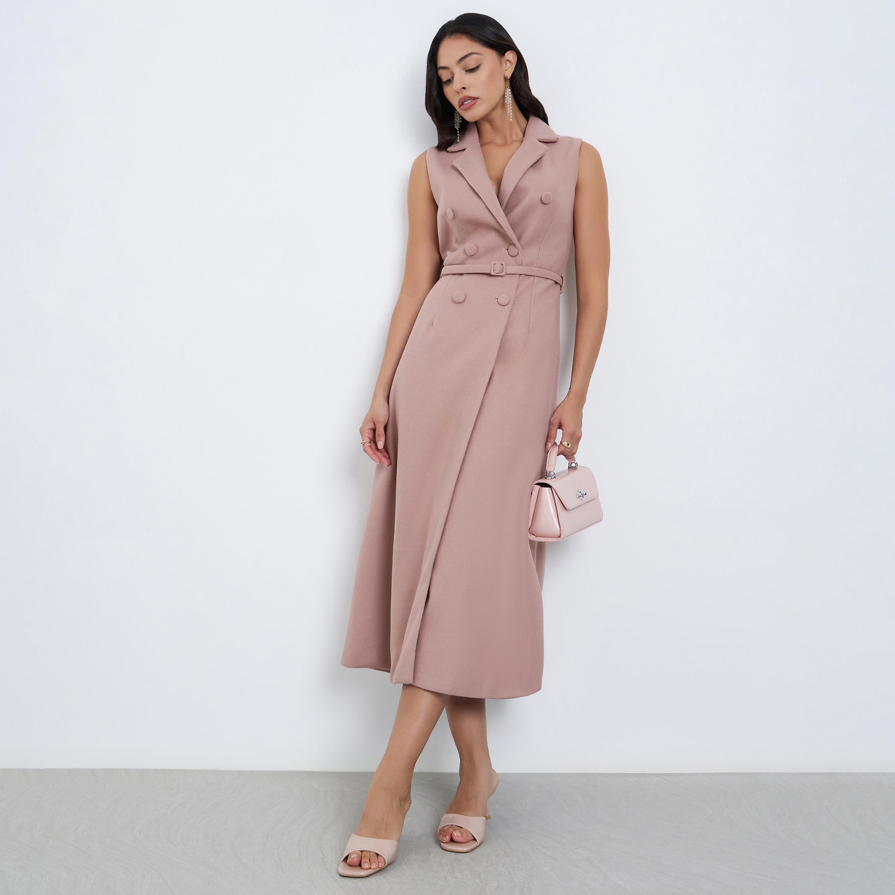 Styli Beige Sleeveless Blazer Midi Dress-women-clothing-dresses-image-1