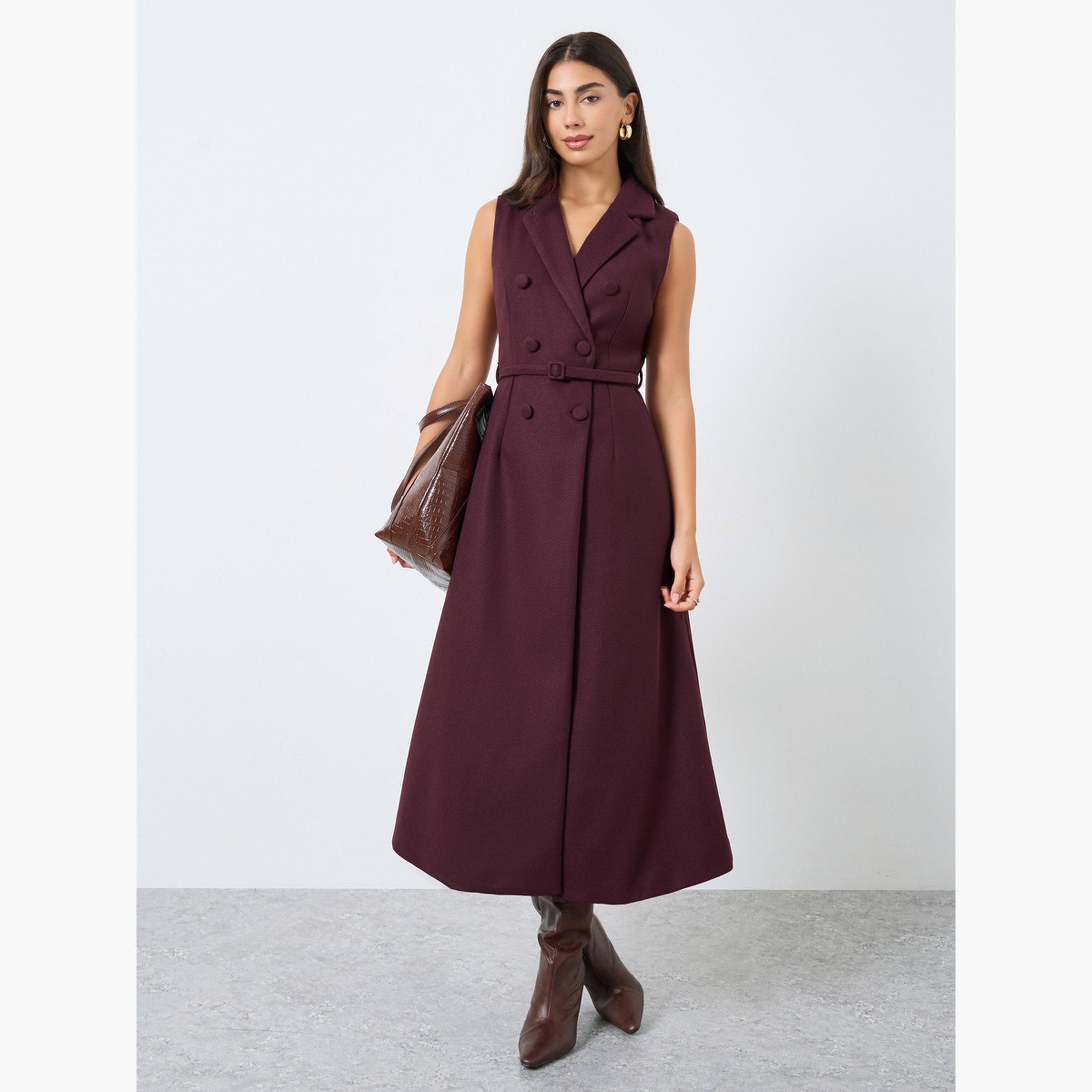 ستايلي - فستان بليزر متوسط ​​الطول بدون أكمام لون برغندي للنساء-women-clothing-dresses-image-1
