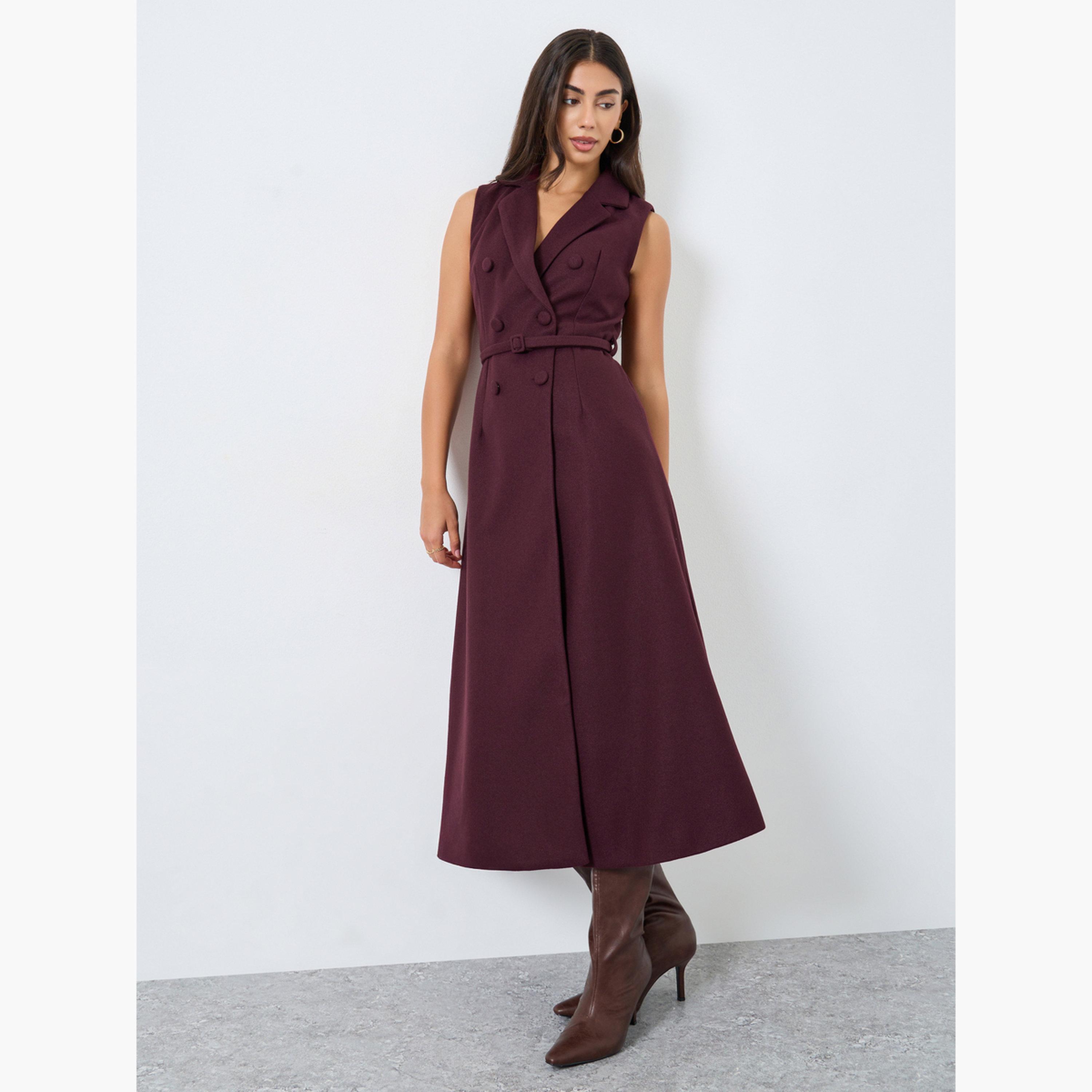 ستايلي - فستان بليزر متوسط ​​الطول بدون أكمام لون برغندي للنساء-women-clothing-dresses-image-2
