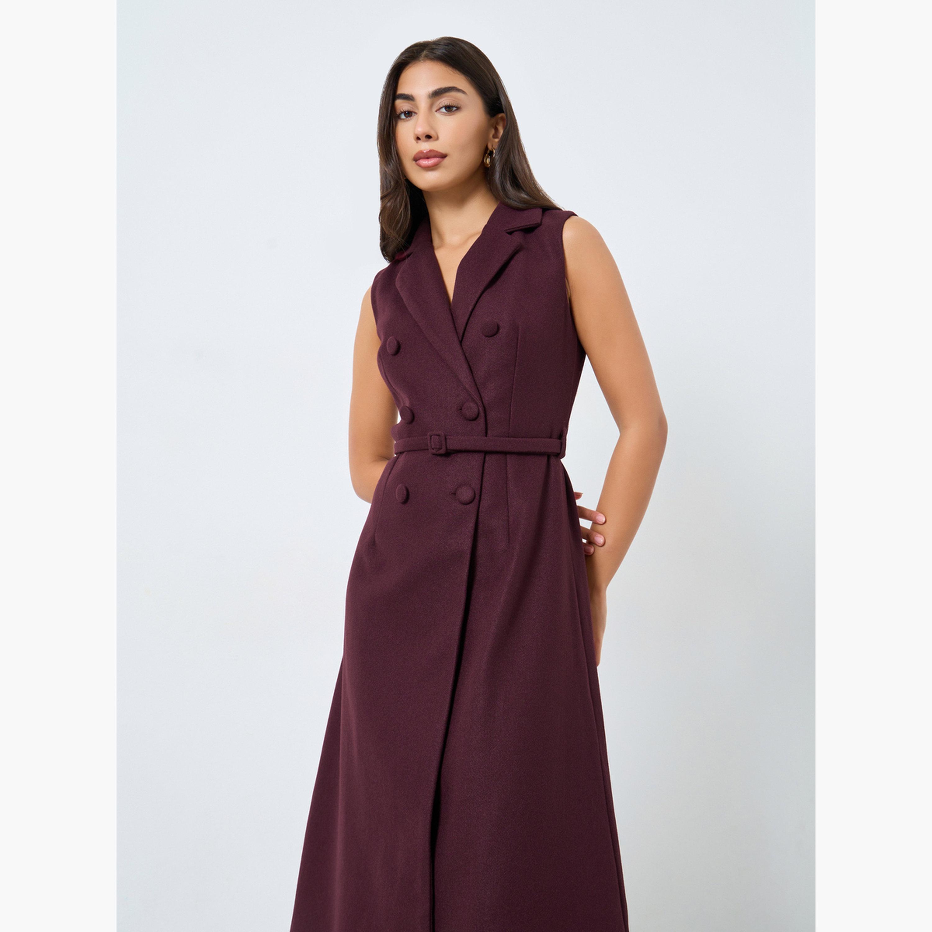 Styli Women Burgundy Sleeveless Blazer Midi Dress-women-clothing-dresses-image-3