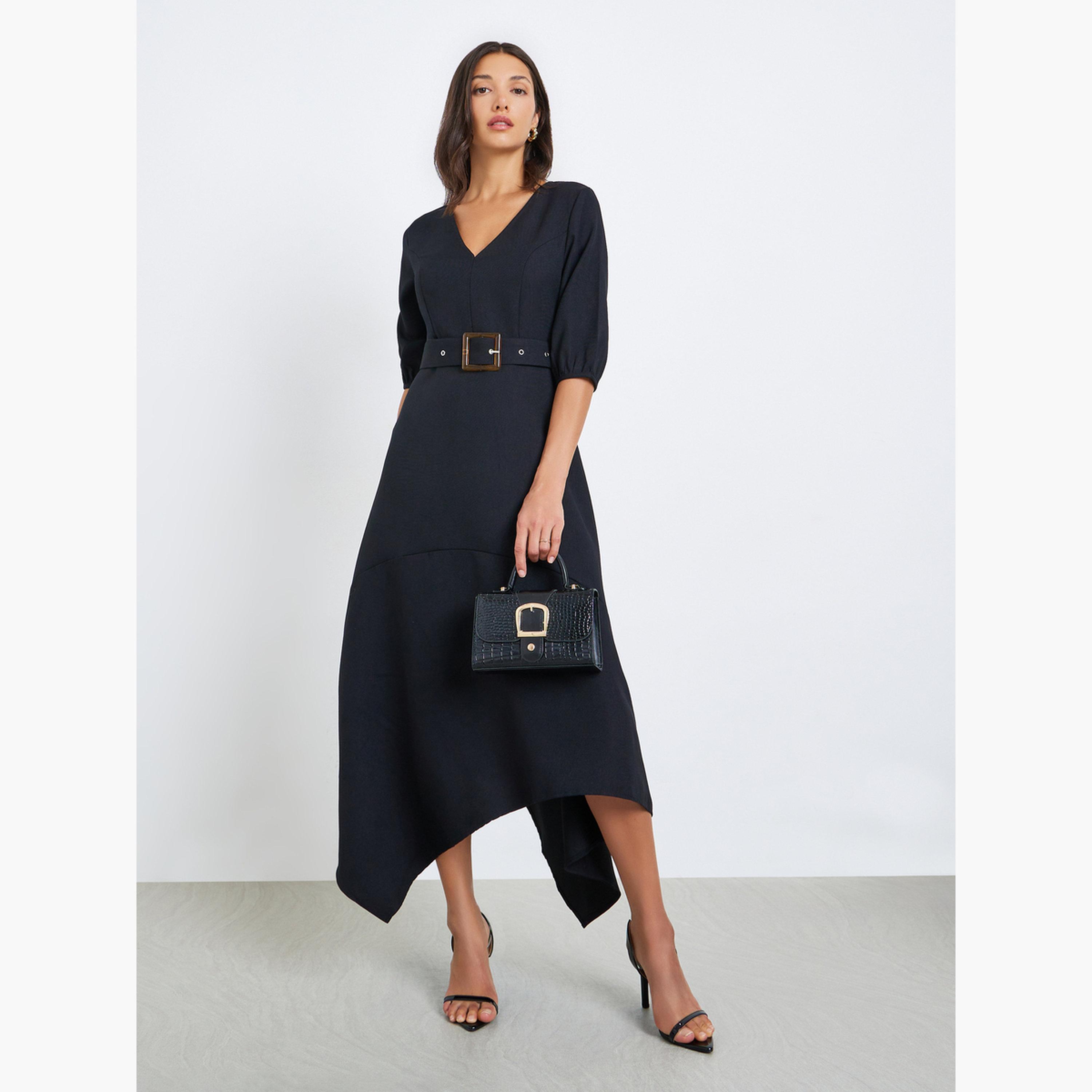 فستان ميدي بحزام وحافة غير متماثلة-women-clothing-dresses-image-1