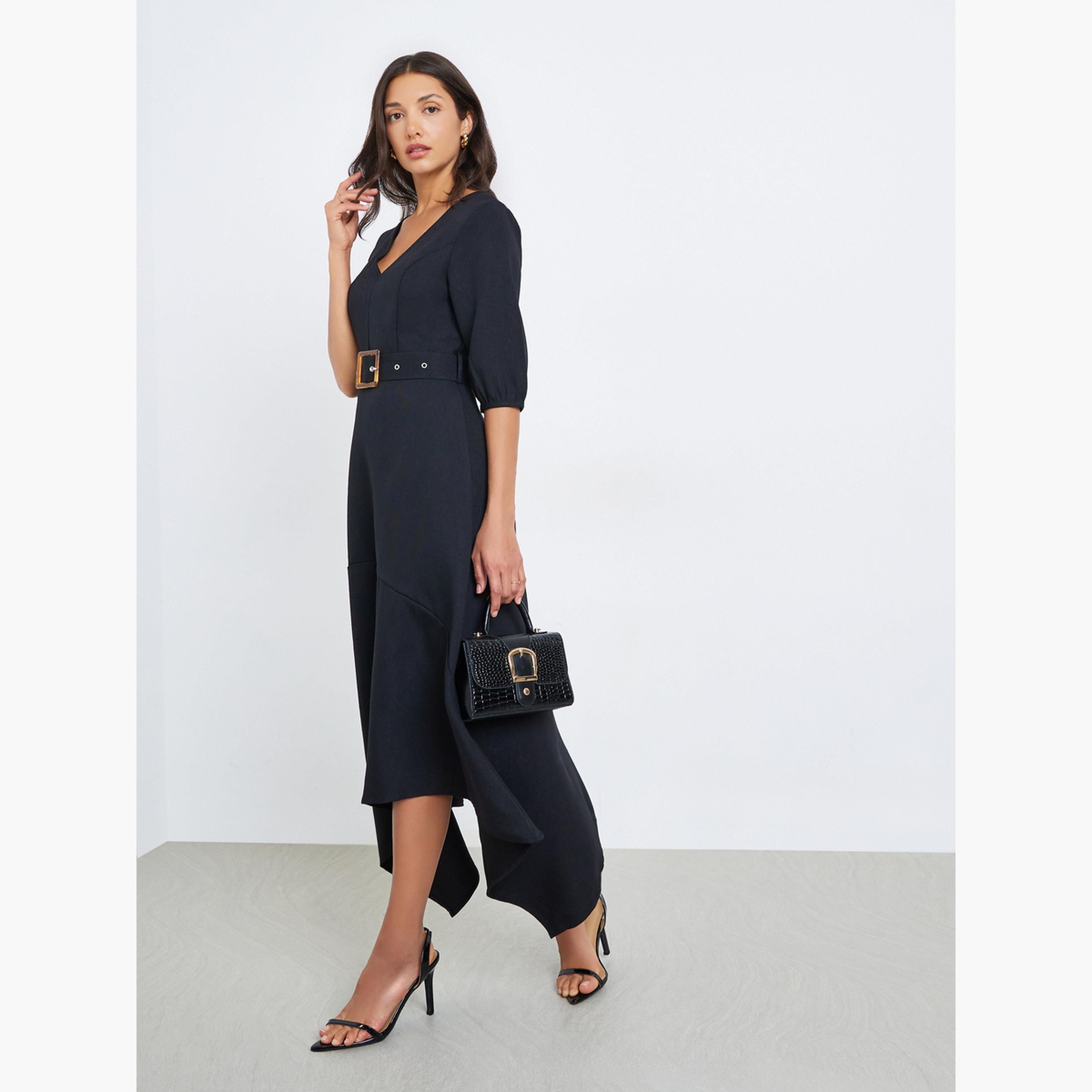 فستان ميدي بحزام وحافة غير متماثلة-women-clothing-dresses-image-3